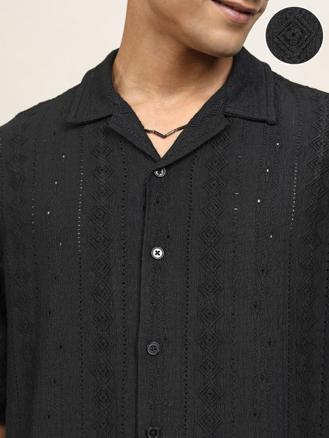 Locomotive Men Black Textured Oversized Fit Casual Shirt - Black - Image 5