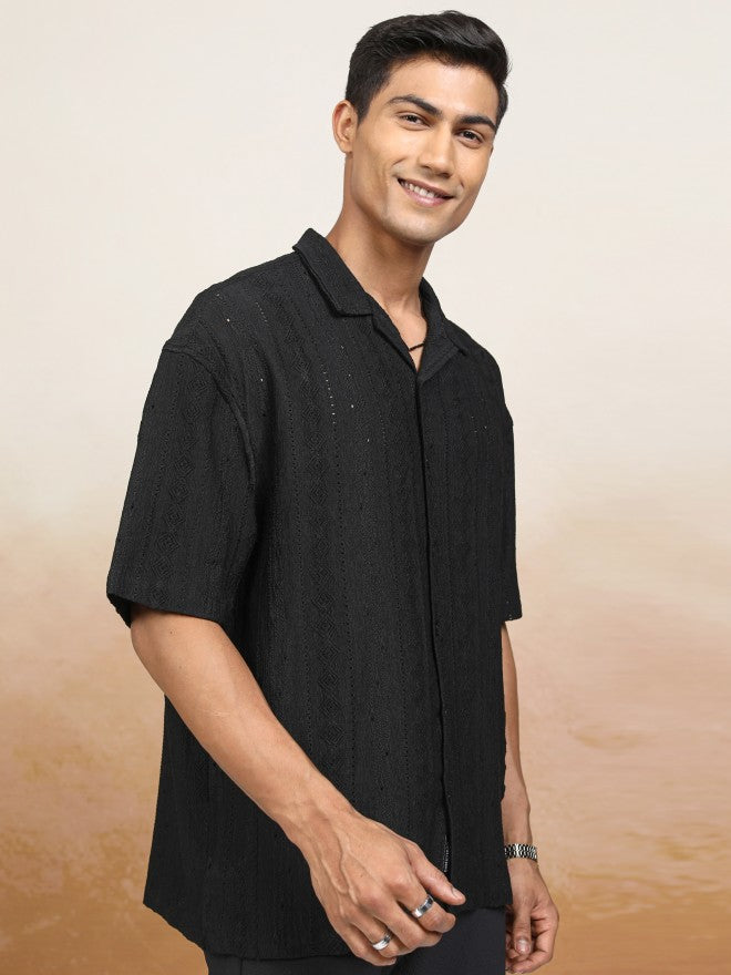 Locomotive Men Black Textured Oversized Fit Casual Shirt - Black - Image 6
