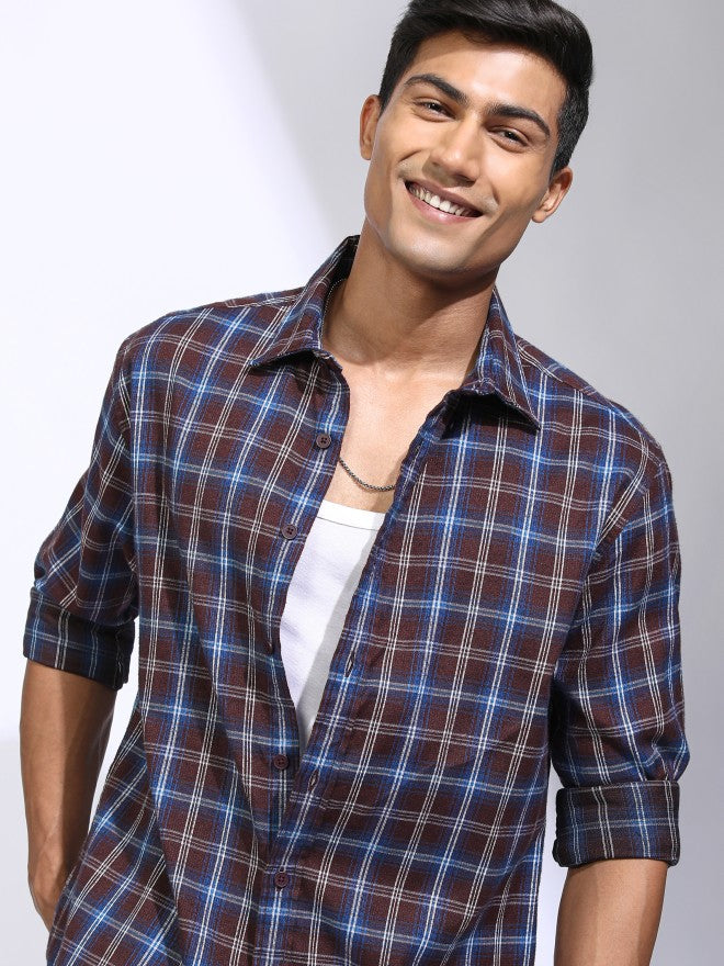 Locomotive Men Maroon Checked Oversized Fit Casual Shirt - Maroon - Image 1