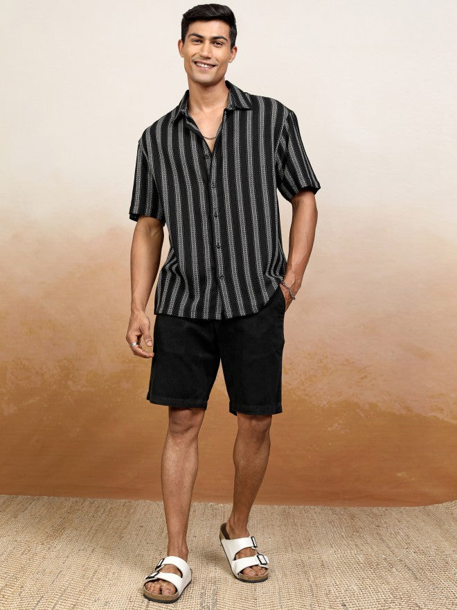 Locomotive Men Black Striped Oversized Fit Casual Shirt - Black - Image 2