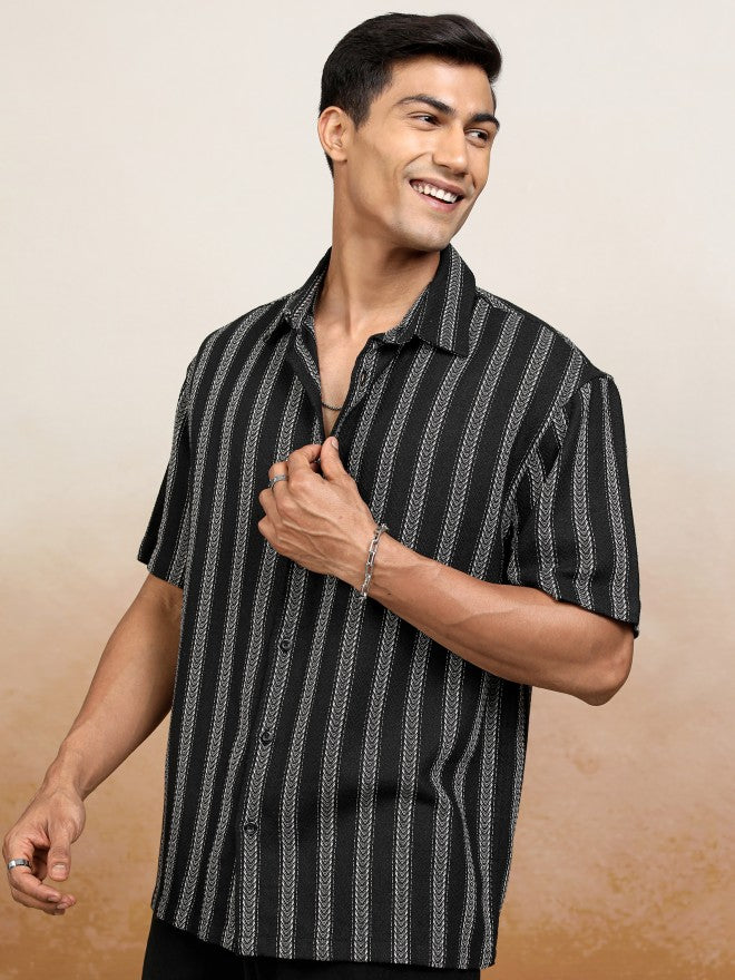 Locomotive Men Black Striped Oversized Fit Casual Shirt - Black - Image 4