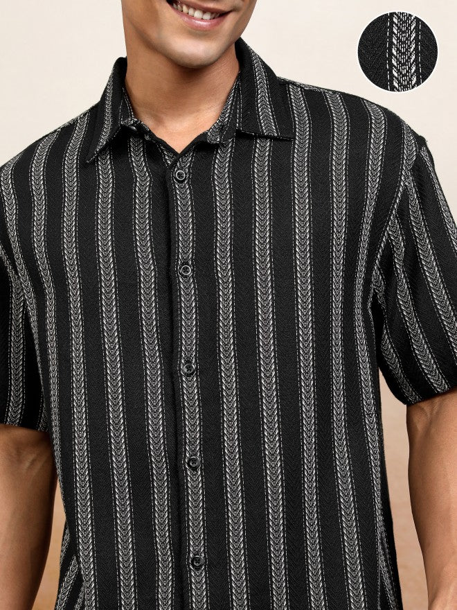 Locomotive Men Black Striped Oversized Fit Casual Shirt - Black - Image 5