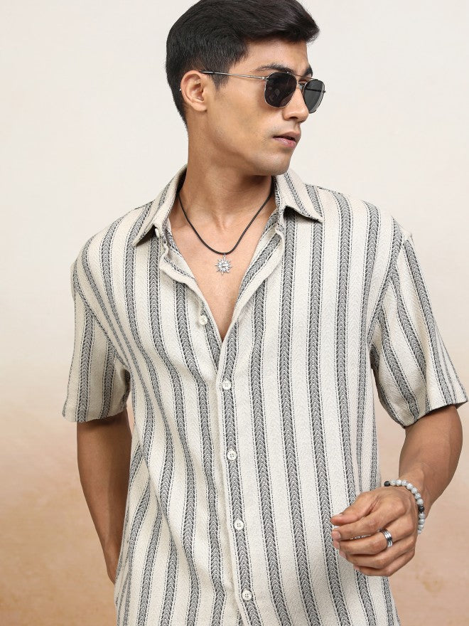 Locomotive Men Beige Striped Oversized Fit Casual Shirt - Beige - Image 1