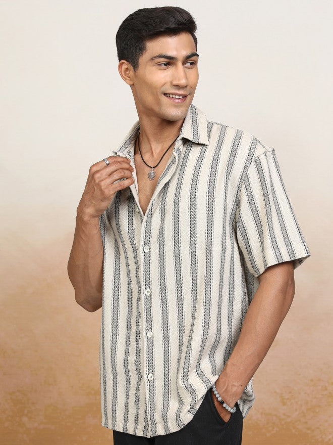 Locomotive Men Beige Striped Oversized Fit Casual Shirt - Beige - Image 4