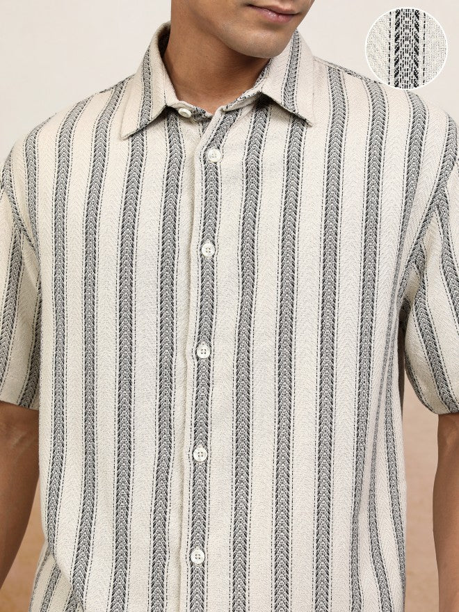 Locomotive Men Beige Striped Oversized Fit Casual Shirt - Beige - Image 5
