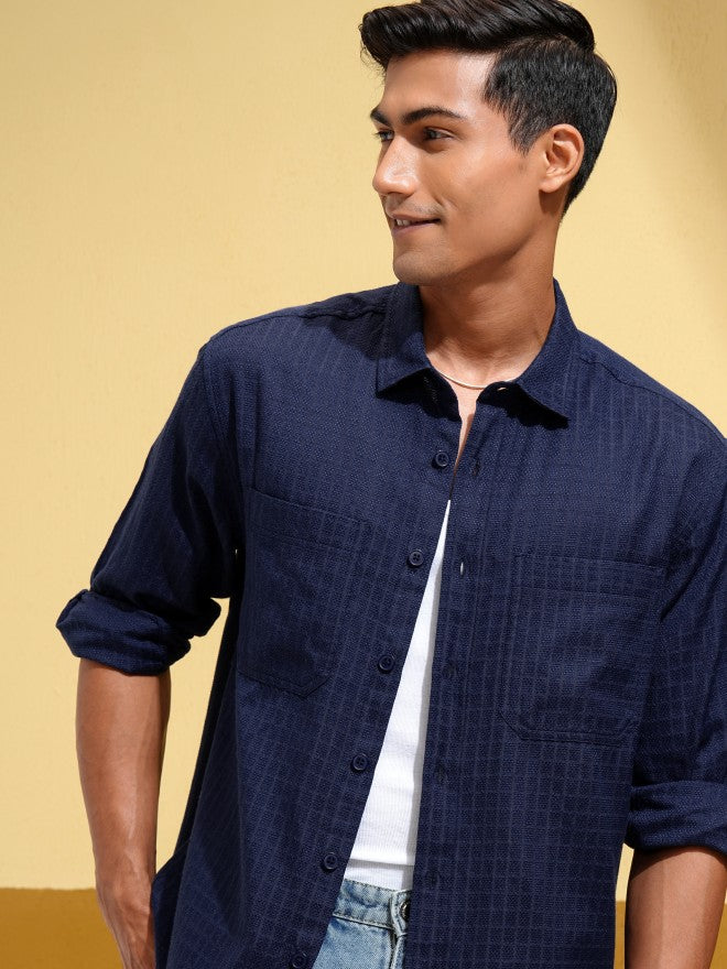 Locomotive Men Navy Blue Textured Oversized Fit Casual Shirt - Navy Blue - Image 1