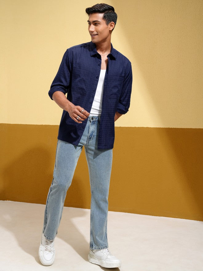 Locomotive Men Navy Blue Textured Oversized Fit Casual Shirt - Navy Blue - Image 2