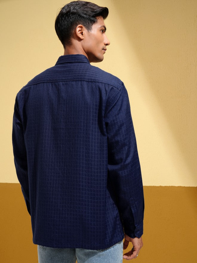 Locomotive Men Navy Blue Textured Oversized Fit Casual Shirt - Navy Blue - Image 3