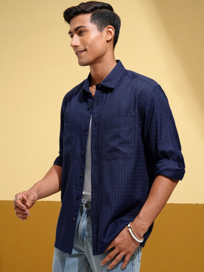 Locomotive Men Navy Blue Textured Oversized Fit Casual Shirt - Navy Blue - Image 4