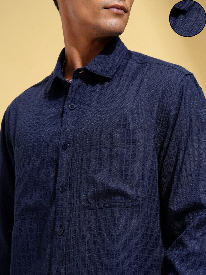 Locomotive Men Navy Blue Textured Oversized Fit Casual Shirt - Navy Blue - Image 5