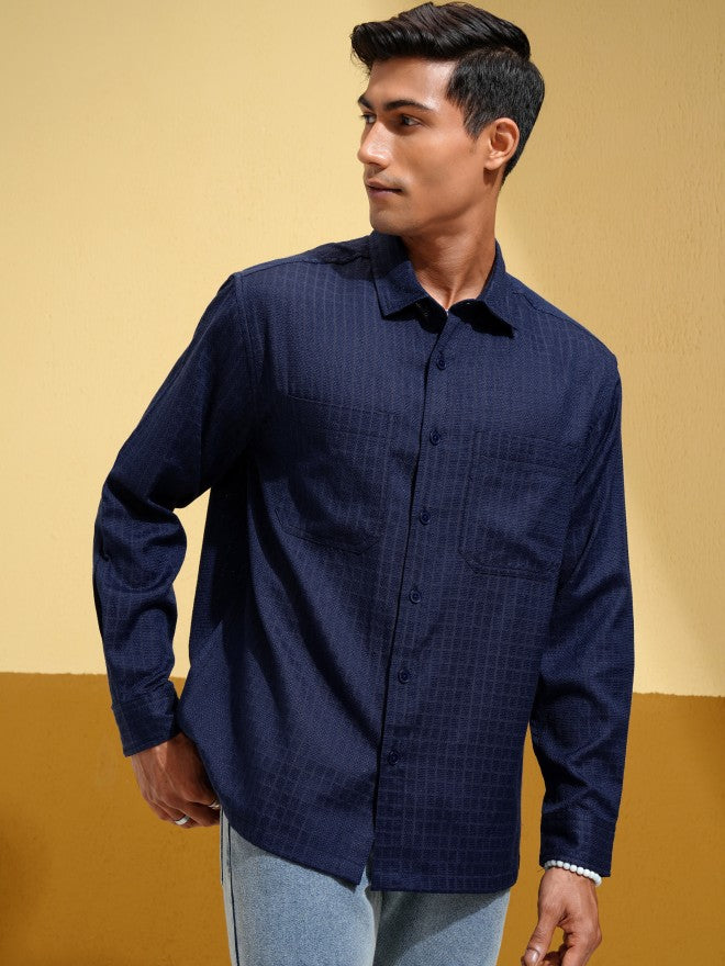 Locomotive Men Navy Blue Textured Oversized Fit Casual Shirt - Navy Blue - Image 6