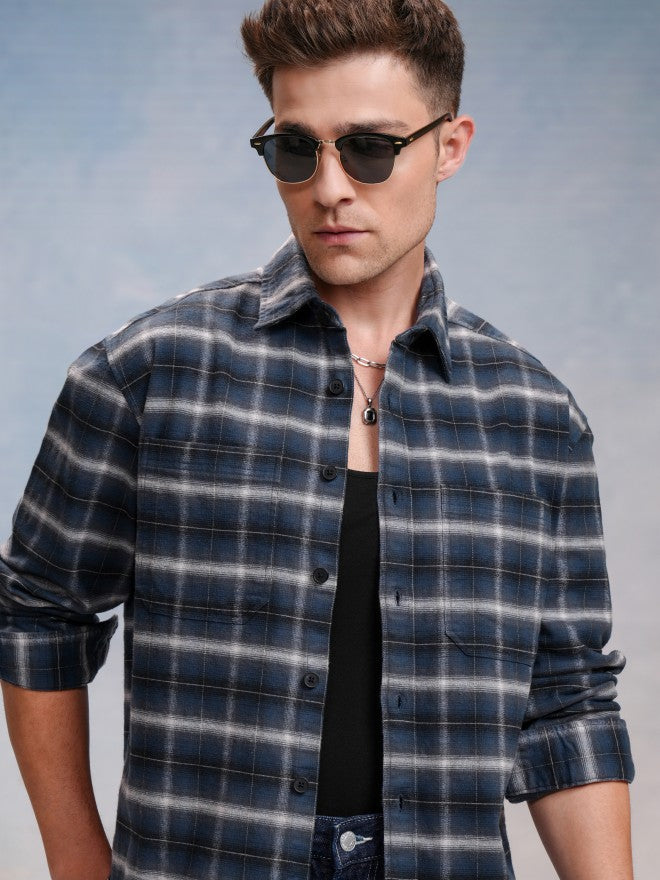 Locomotive Men Blue Checked Oversized Fit Casual Shirt - Blue - Image 1