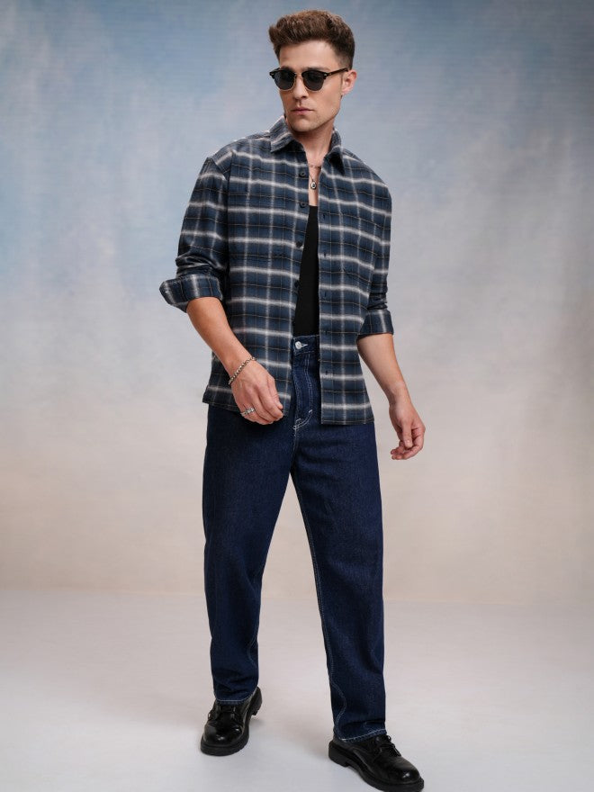 Locomotive Men Blue Checked Oversized Fit Casual Shirt - Blue - Image 2