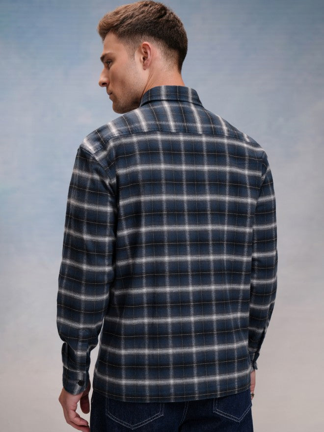 Locomotive Men Blue Checked Oversized Fit Casual Shirt - Blue - Image 3