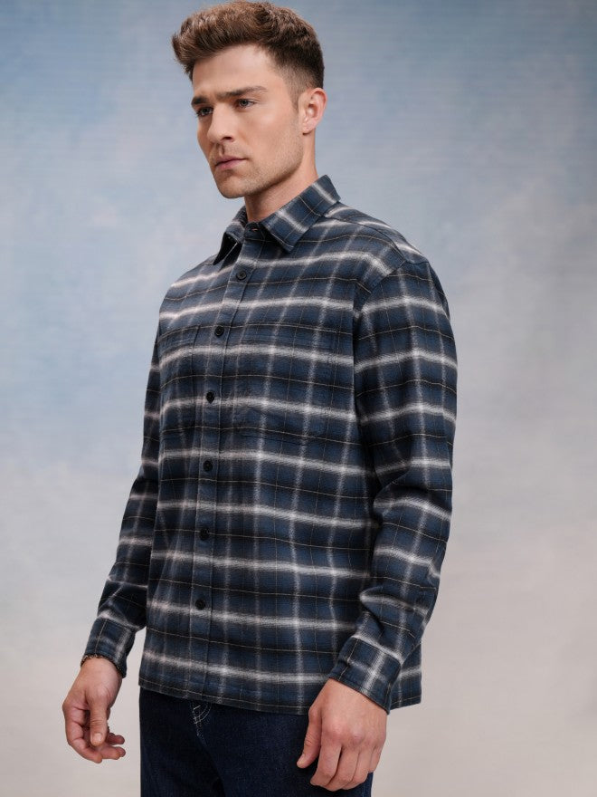 Locomotive Men Blue Checked Oversized Fit Casual Shirt - Blue - Image 4