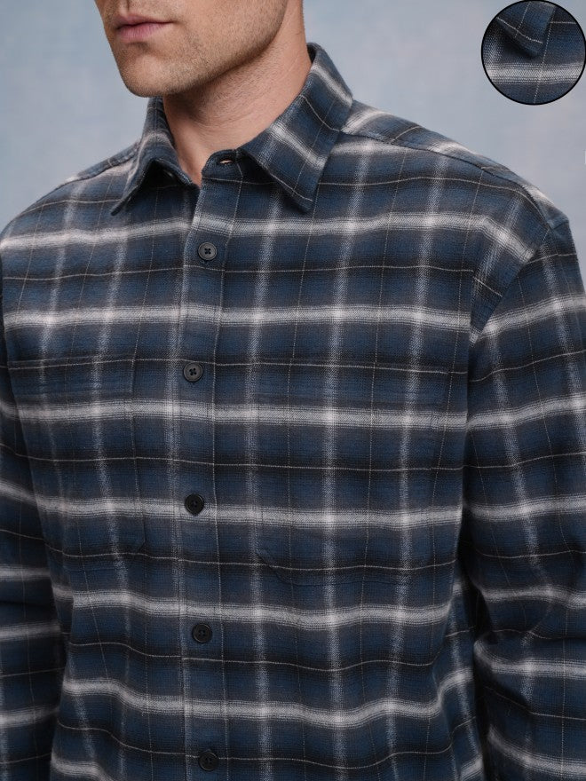 Locomotive Men Blue Checked Oversized Fit Casual Shirt - Blue - Image 5