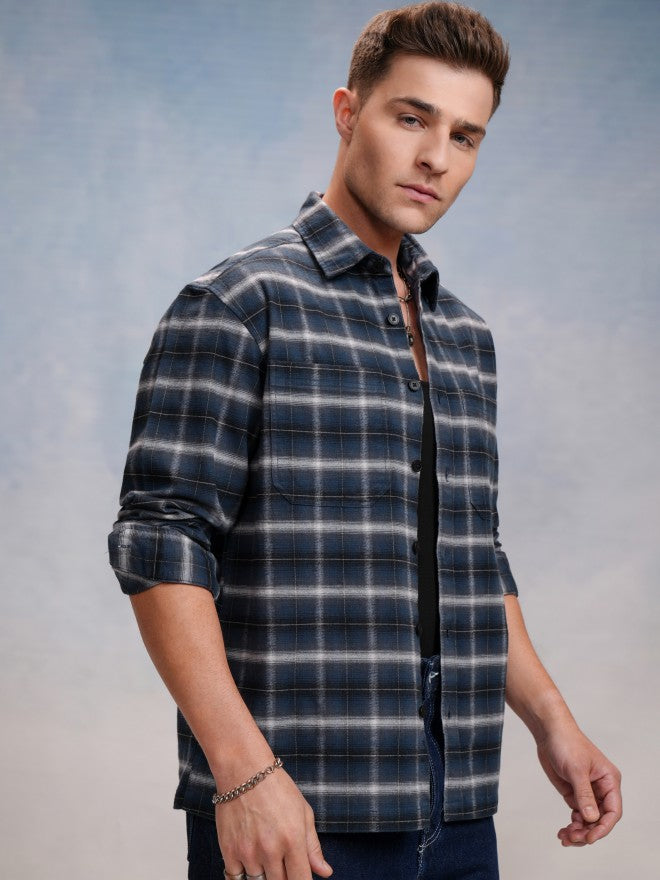 Locomotive Men Blue Checked Oversized Fit Casual Shirt - Blue - Image 6