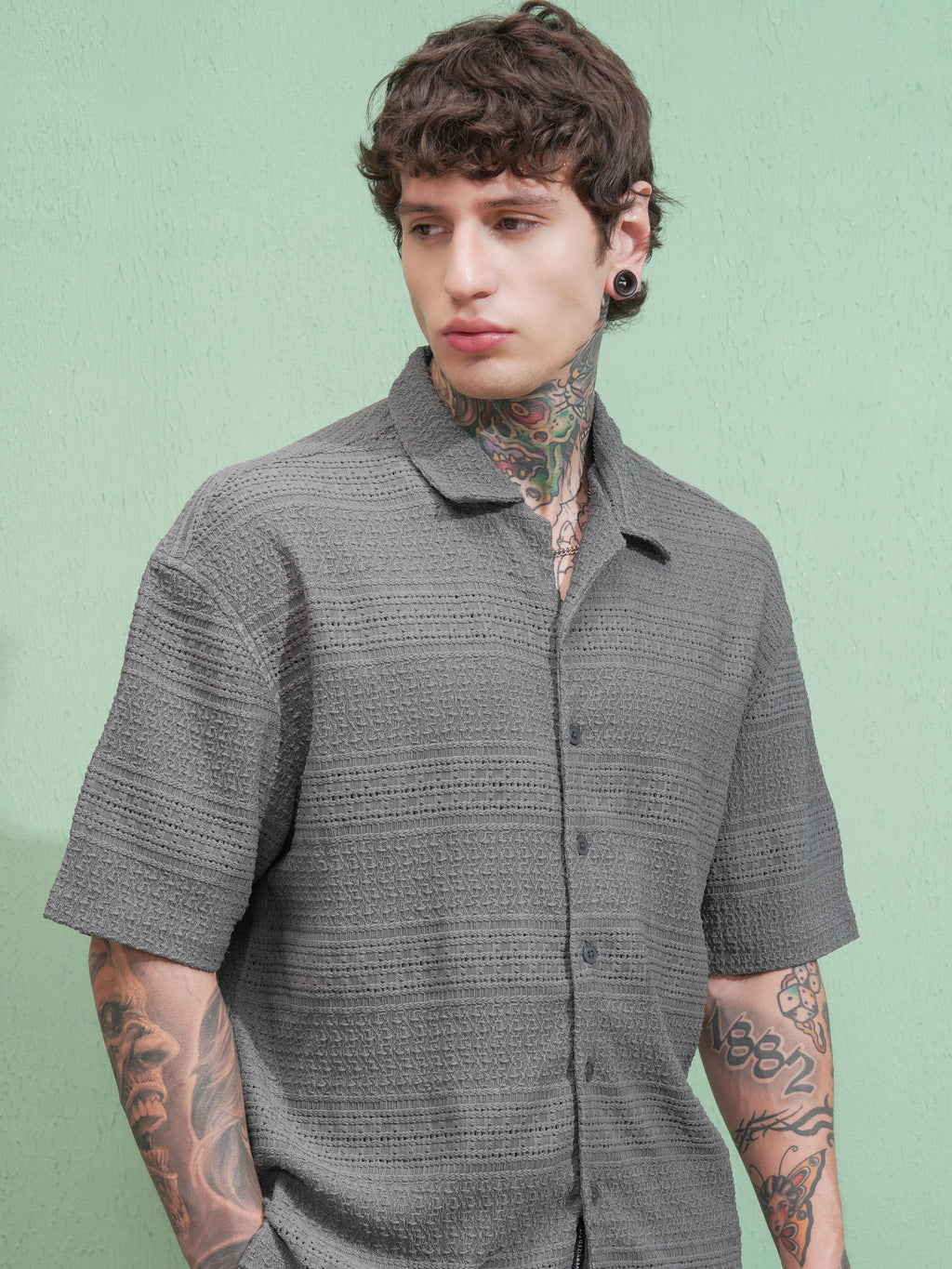 Locomotive Men Grey Self Design Oversized Fit Casual Shirt - Grey - Image 1