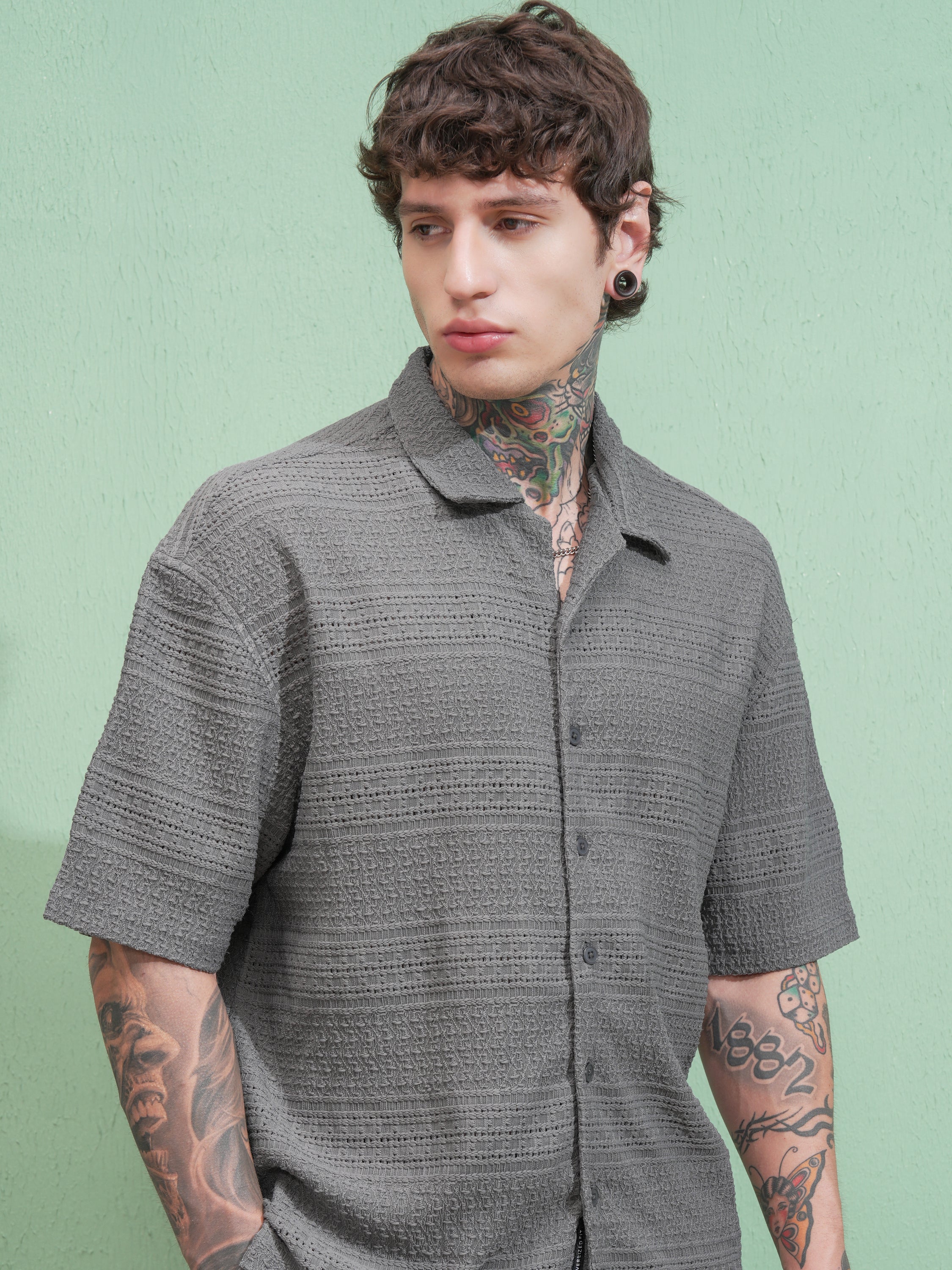 Locomotive Men Grey Self Design Oversized Fit Casual Shirt - Grey - Image 1