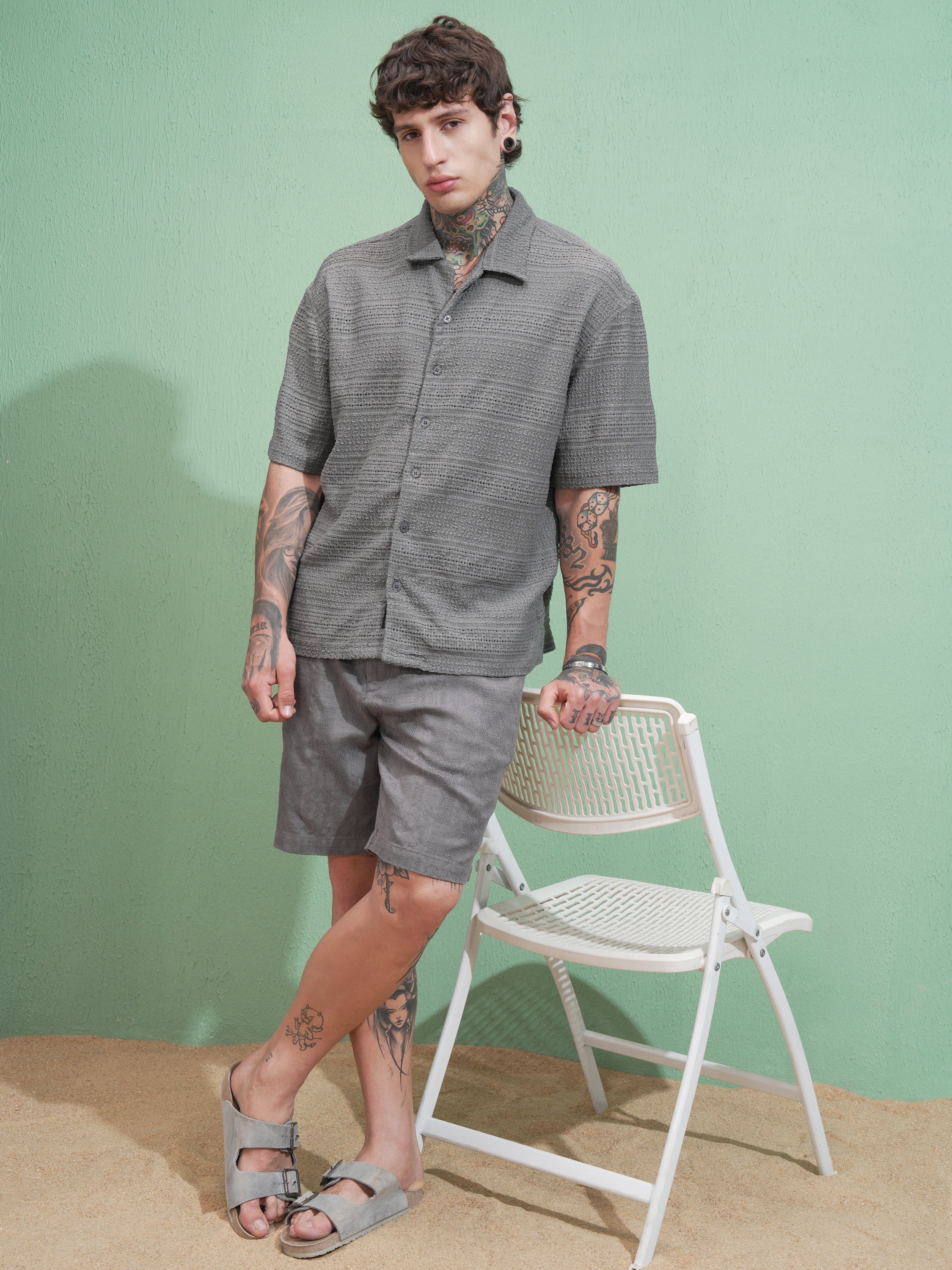Locomotive Men Grey Self Design Oversized Fit Casual Shirt - Grey - Image 2