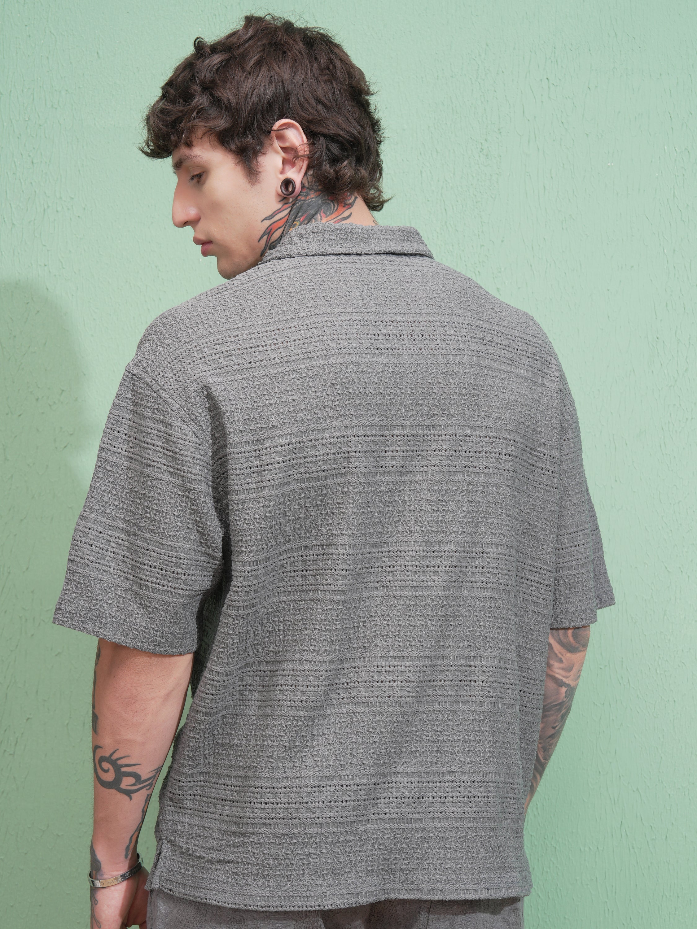 Locomotive Men Grey Self Design Oversized Fit Casual Shirt - Grey - Image 3