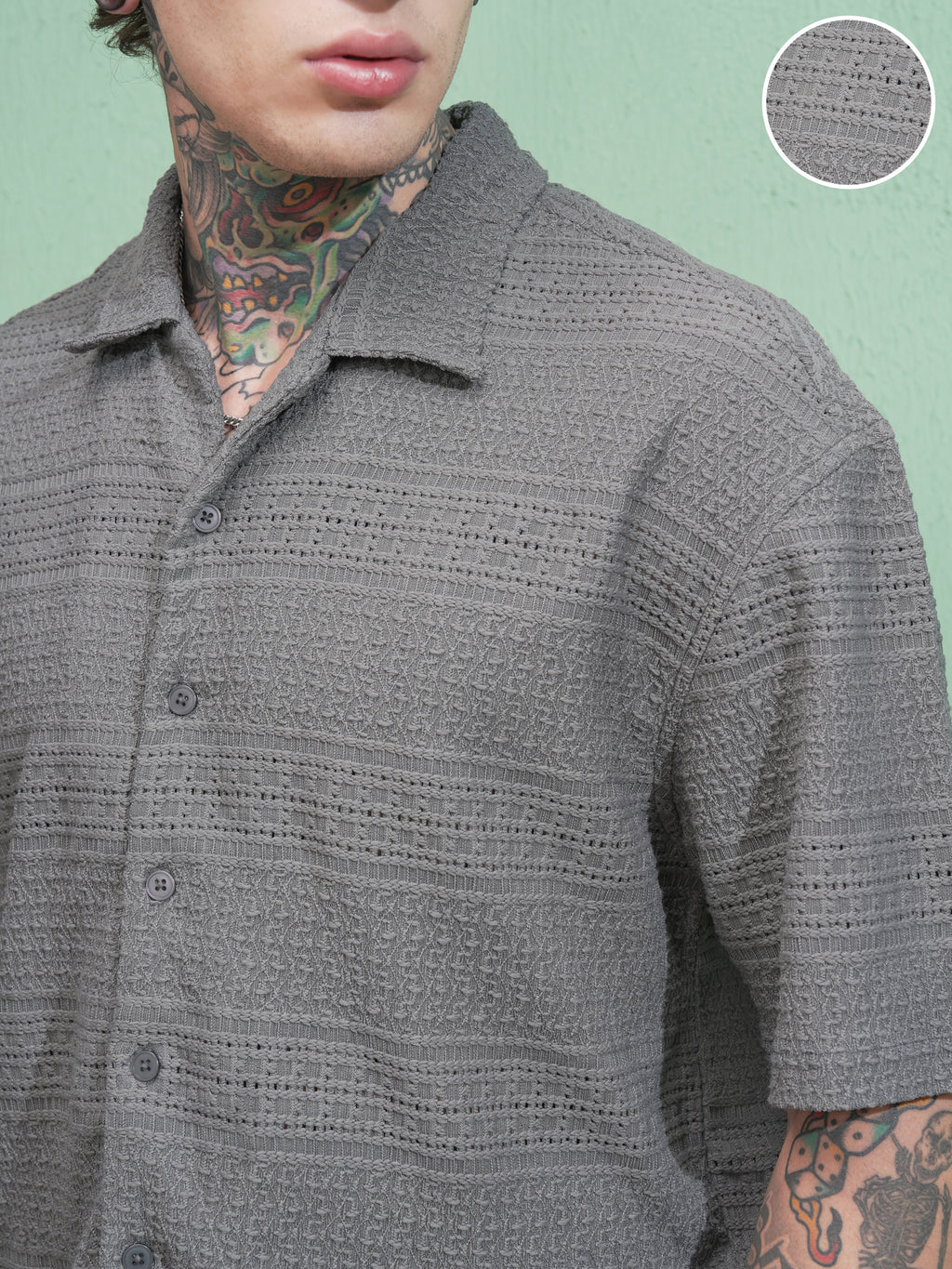 Locomotive Men Grey Self Design Oversized Fit Casual Shirt - Grey - Image 5