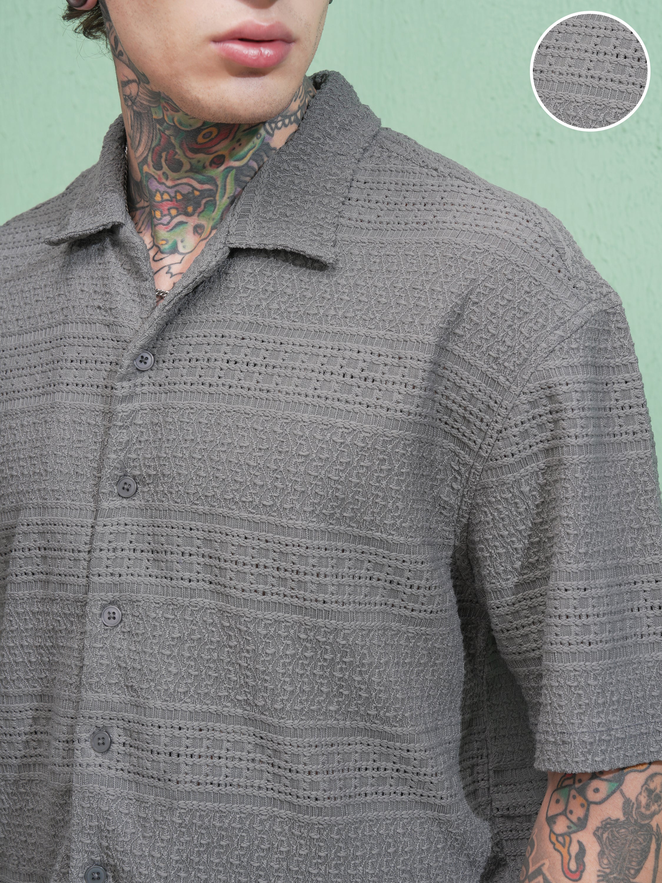 Locomotive Men Grey Self Design Oversized Fit Casual Shirt - Grey - Image 5
