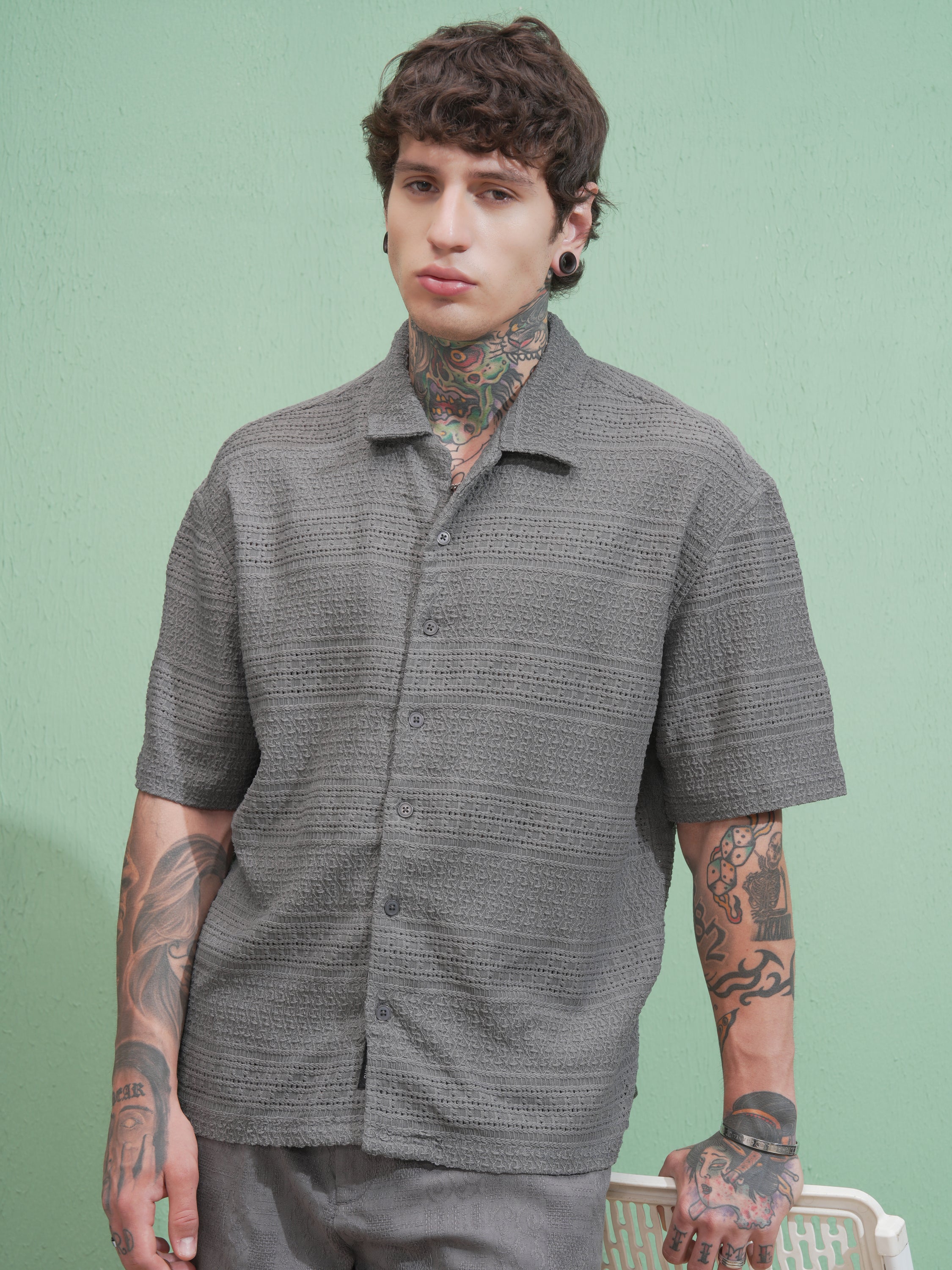 Locomotive Men Grey Self Design Oversized Fit Casual Shirt - Grey - Image 6