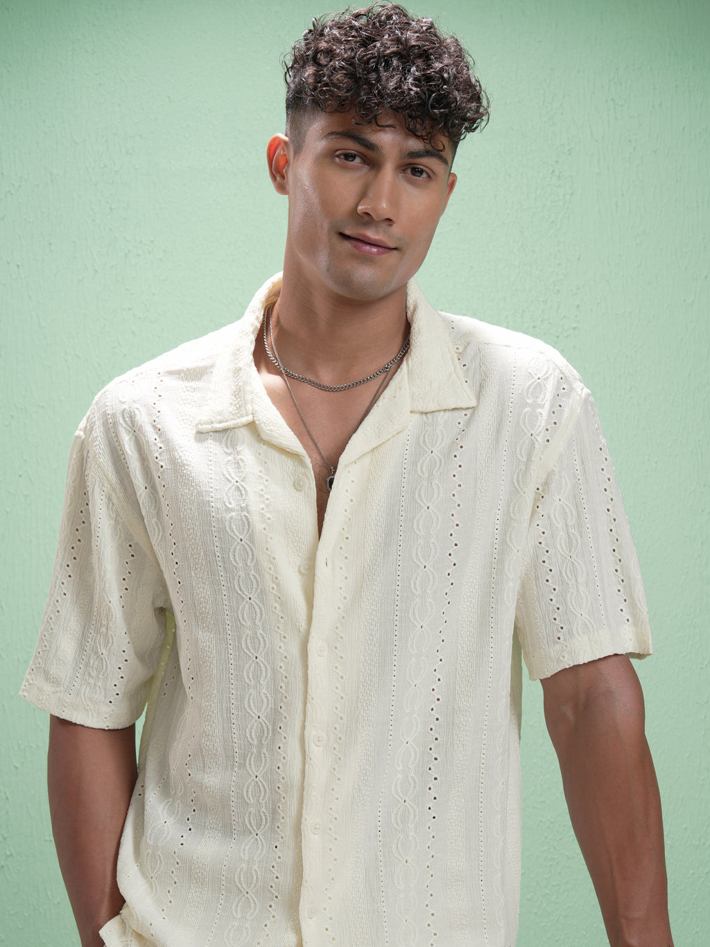 Locomotive Men Cream Self Design Oversized Fit Casual Shirt - Cream - Image 1