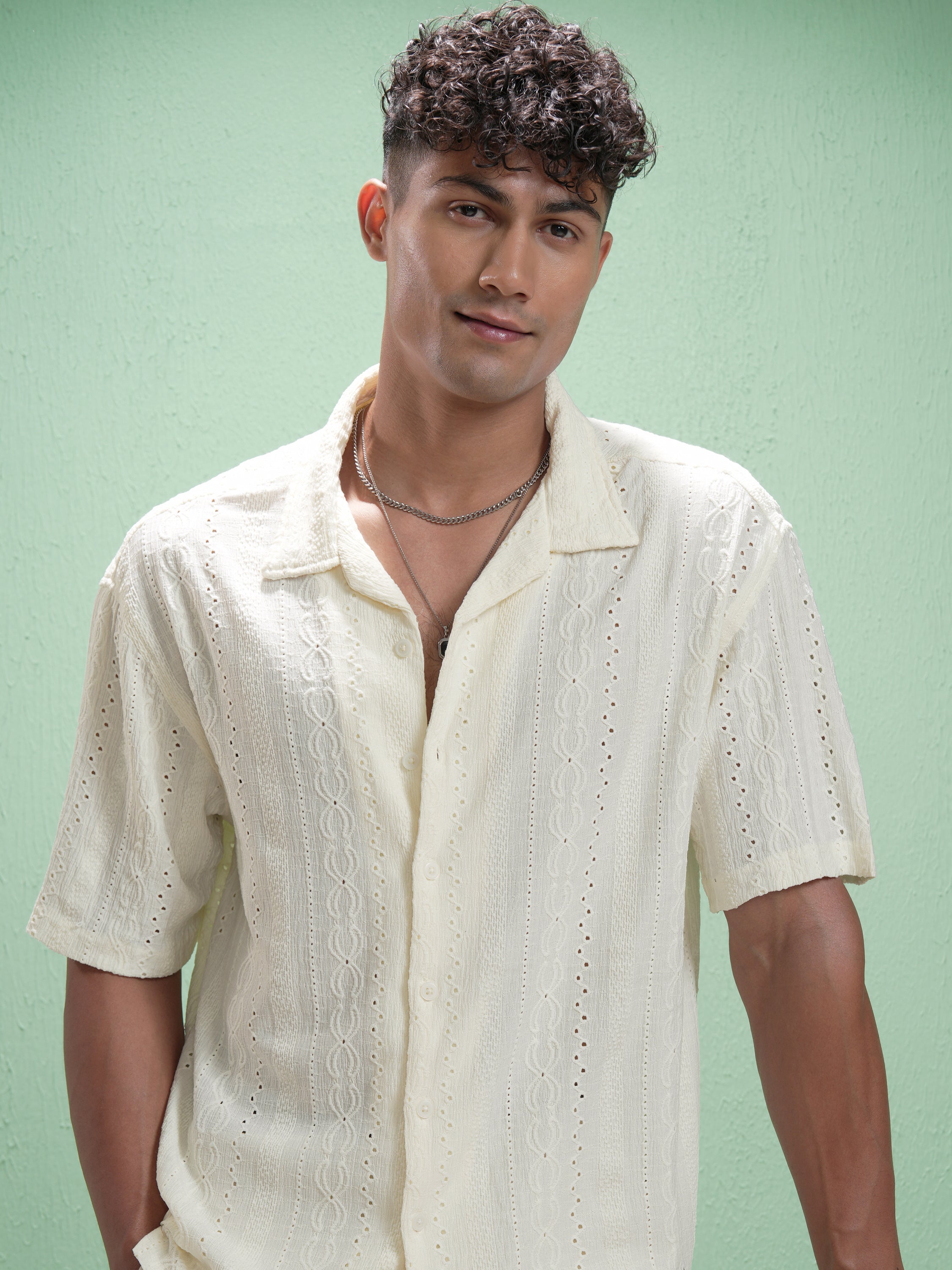 Locomotive Men Cream Self Design Oversized Fit Casual Shirt - Cream - Image 1