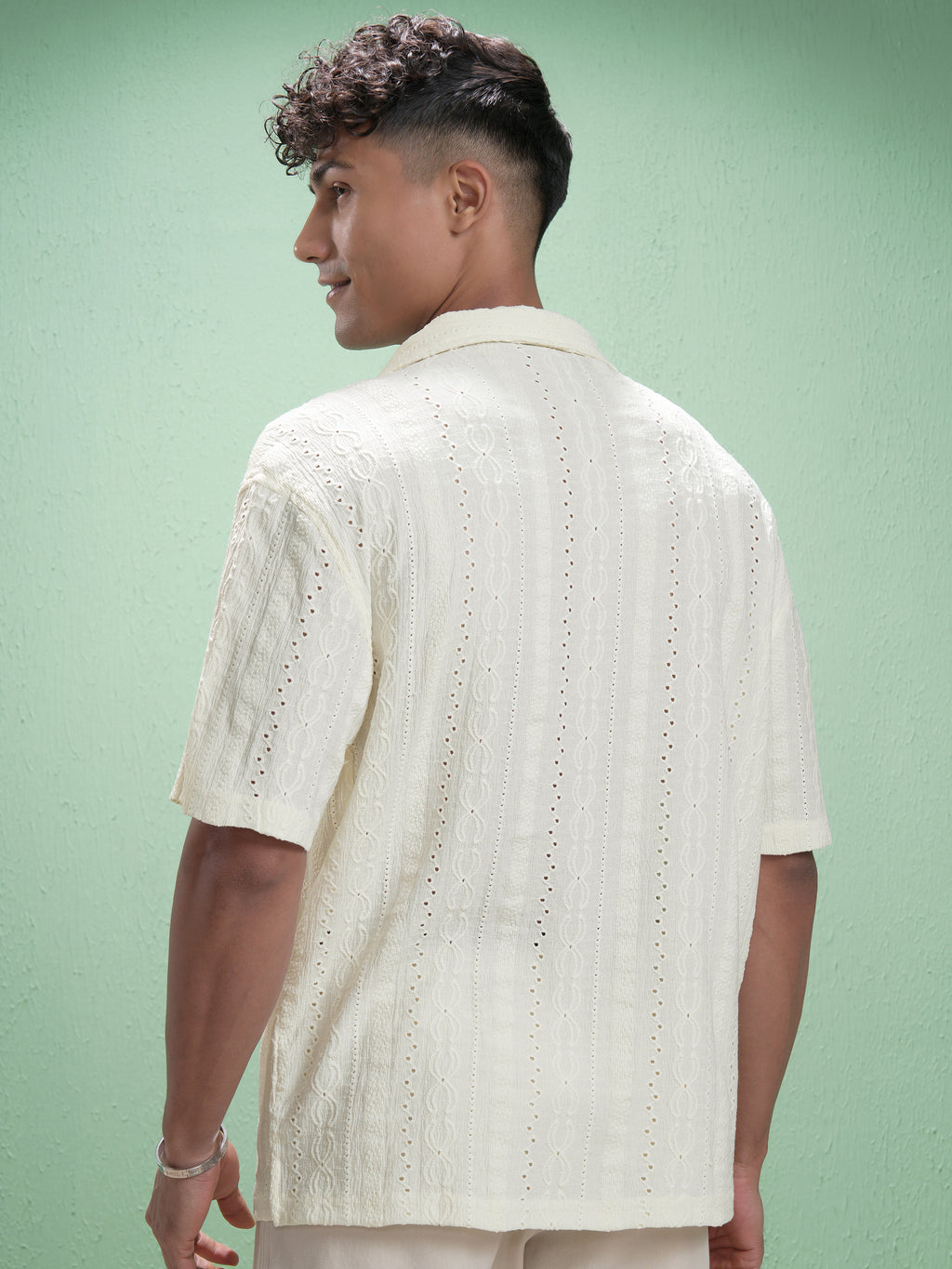 Locomotive Men Cream Self Design Oversized Fit Casual Shirt - Cream - Image 3