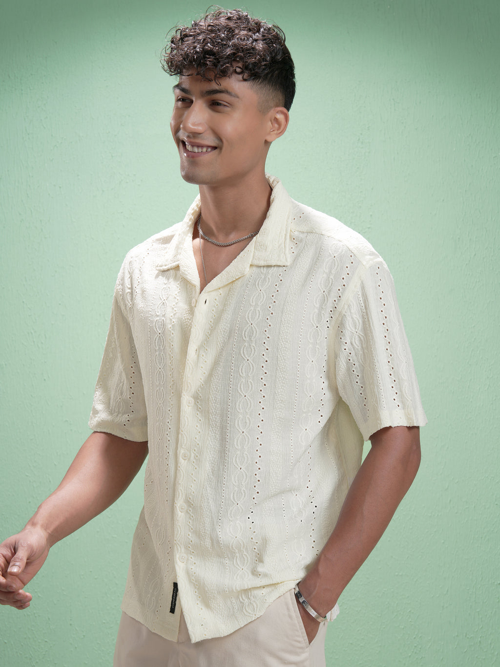 Locomotive Men Cream Self Design Oversized Fit Casual Shirt - Cream - Image 4
