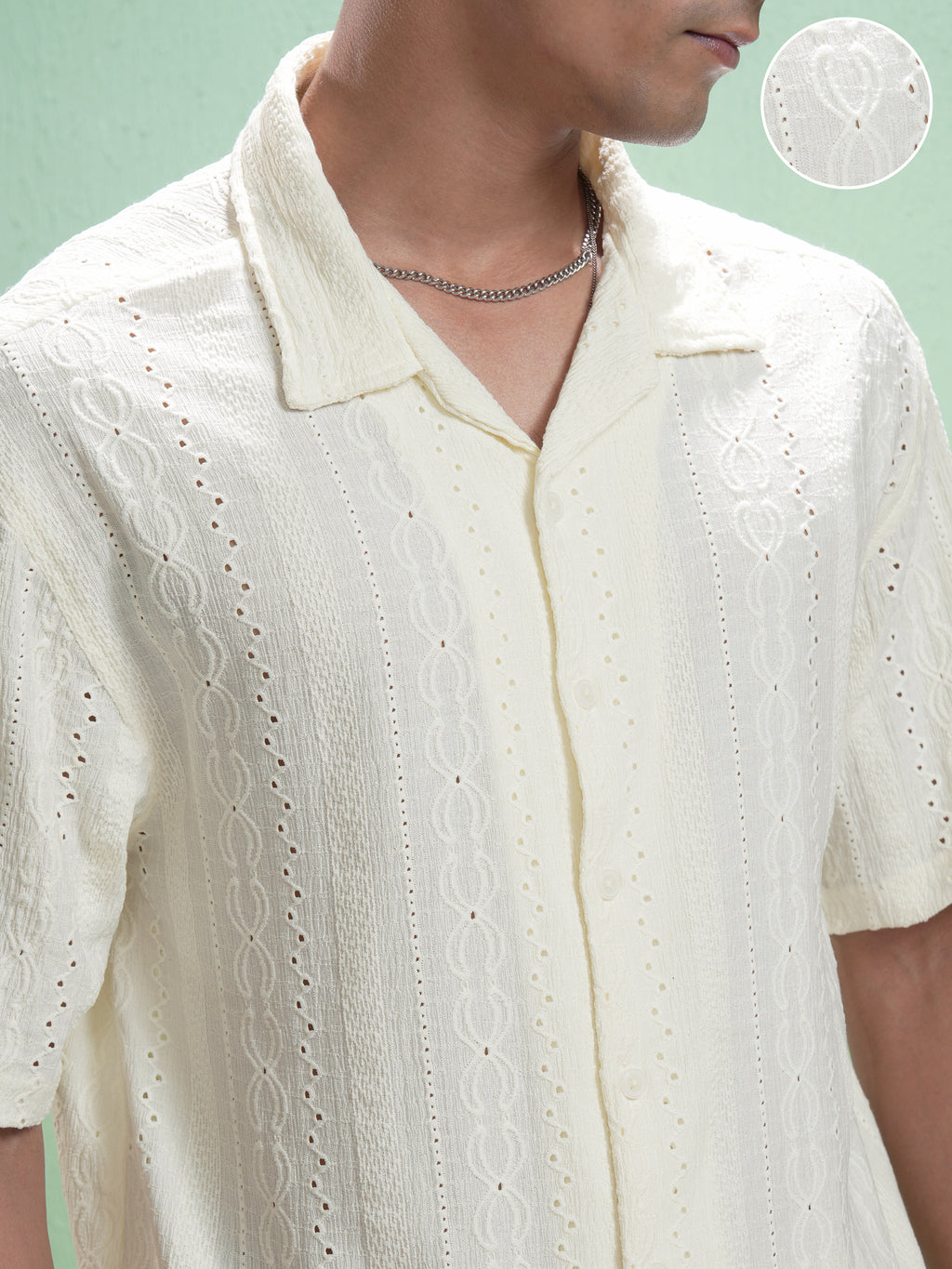 Locomotive Men Cream Self Design Oversized Fit Casual Shirt - Cream - Image 5