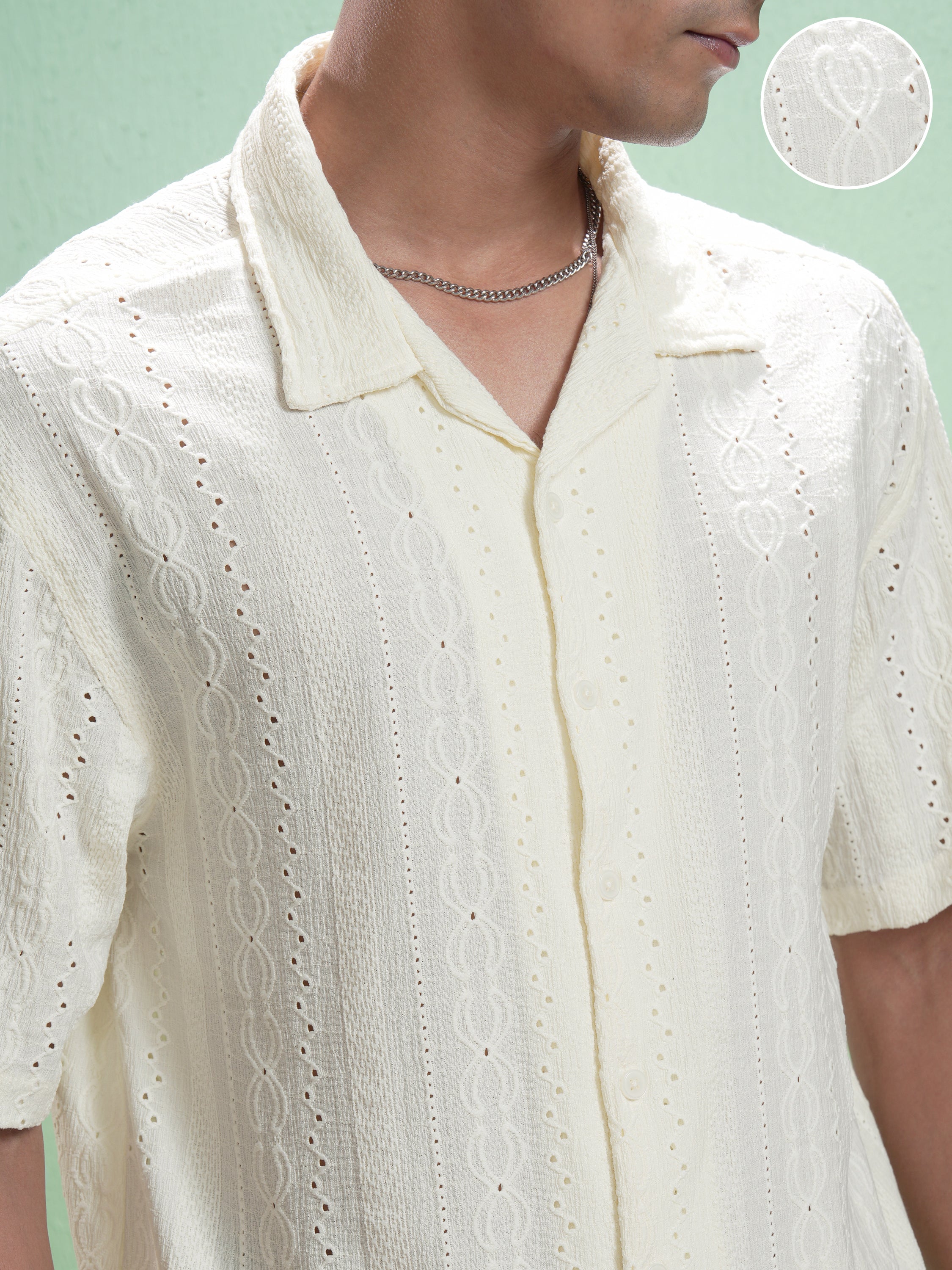 Locomotive Men Cream Self Design Oversized Fit Casual Shirt - Cream - Image 5