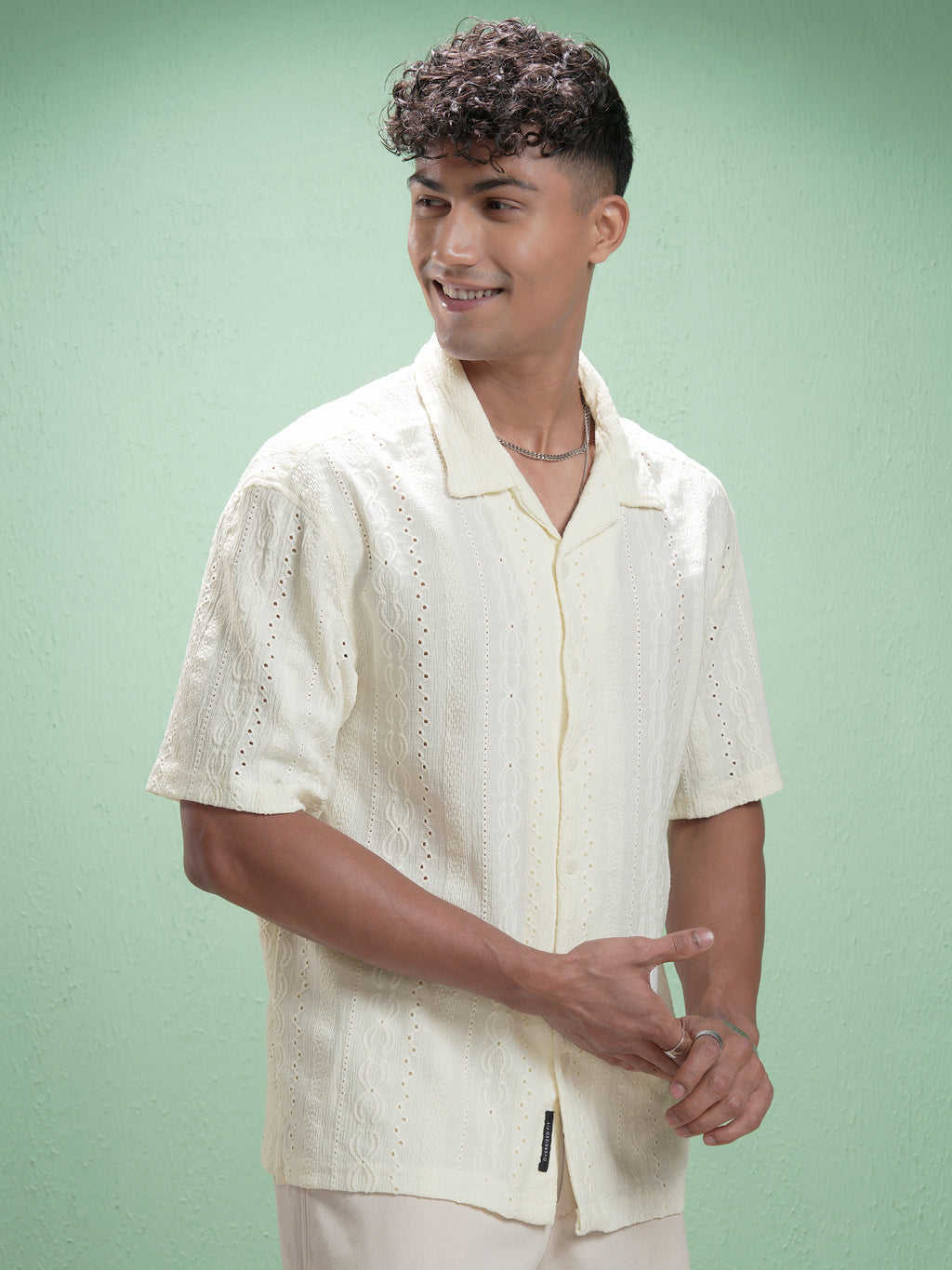 Locomotive Men Cream Self Design Oversized Fit Casual Shirt - Cream - Image 6