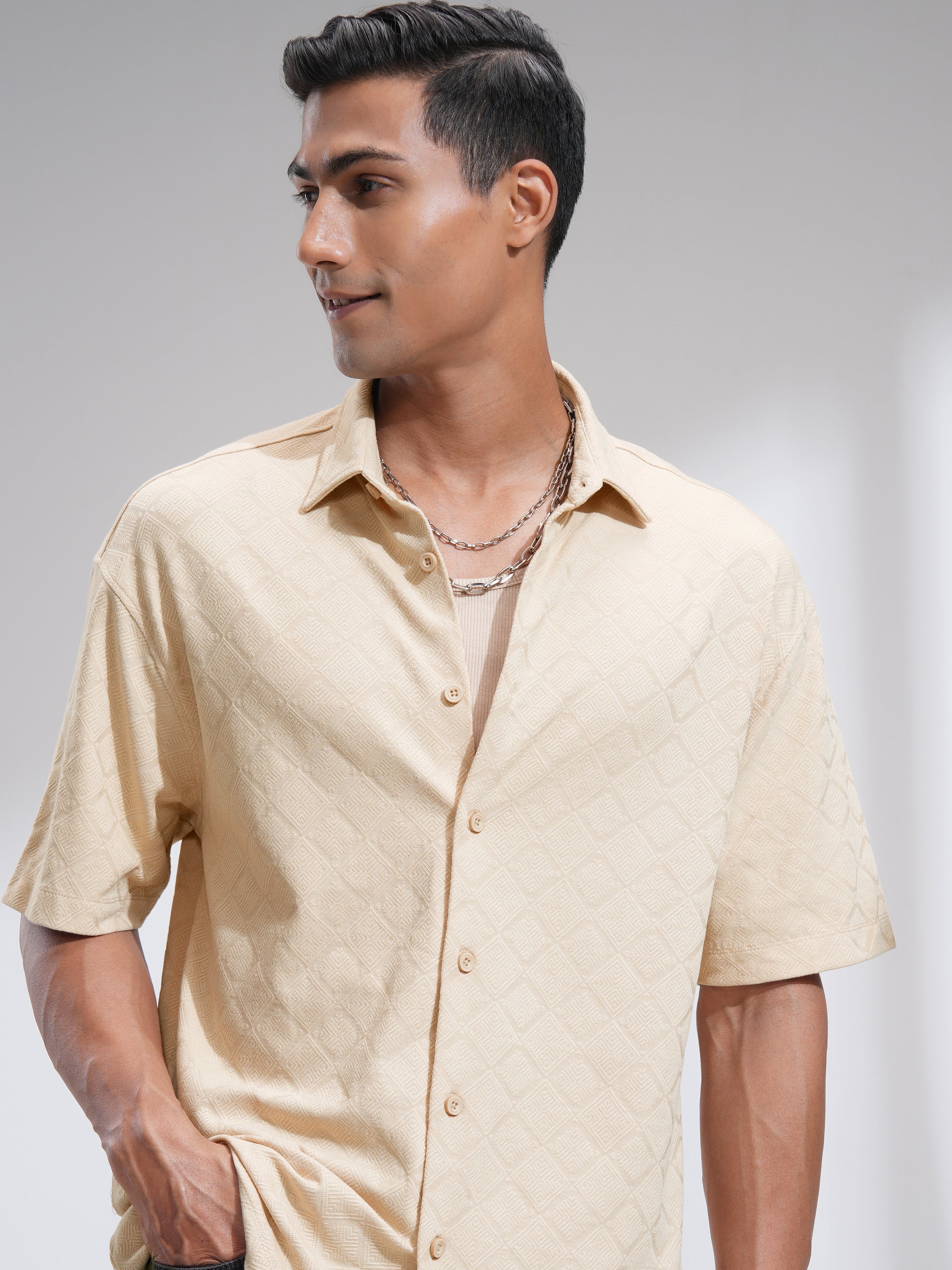 Locomotive Men Beige Textured Oversized Fit Casual Shirt - Beige - Image 1