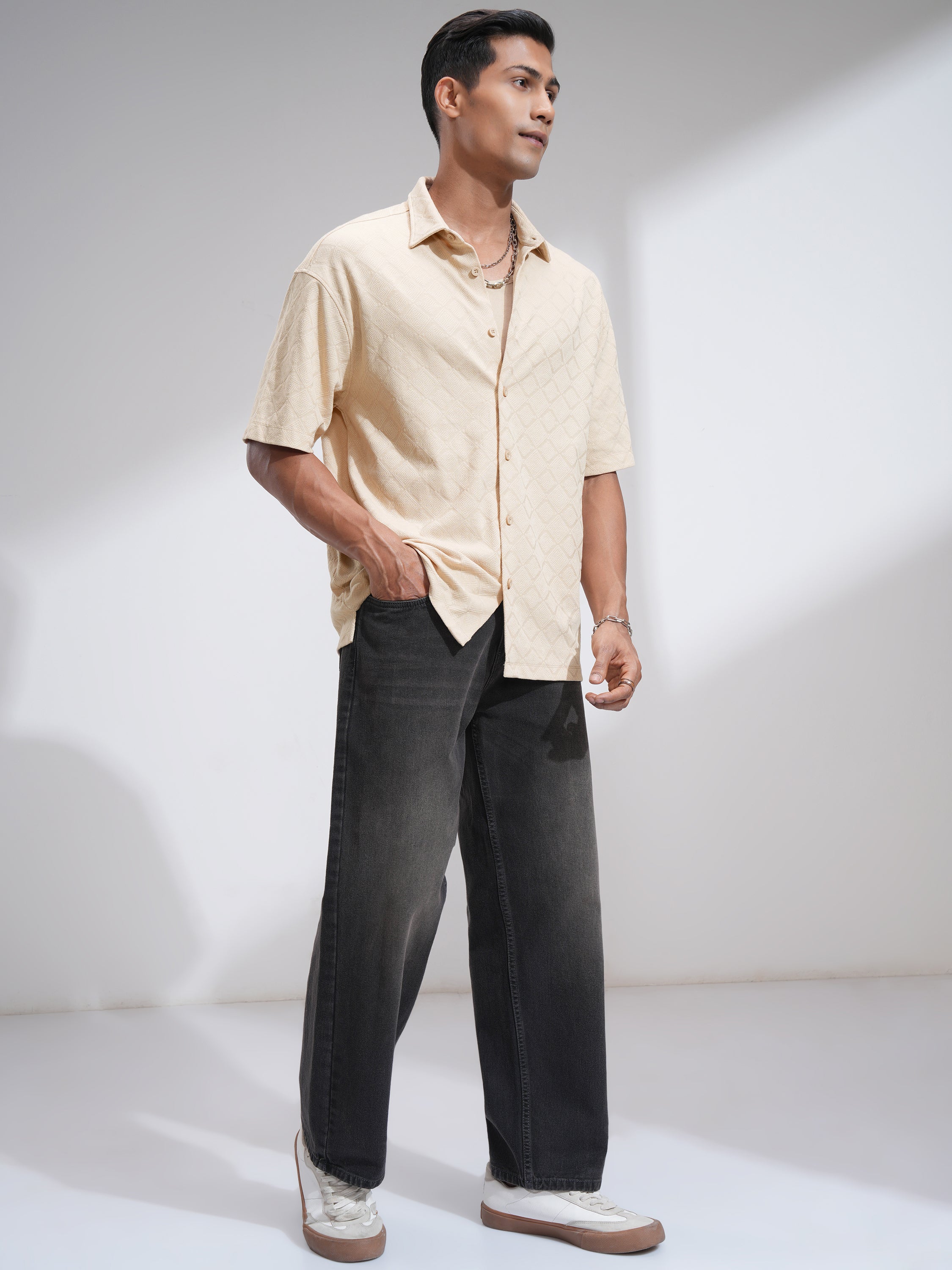 Locomotive Men Beige Textured Oversized Fit Casual Shirt - Beige - Image 2