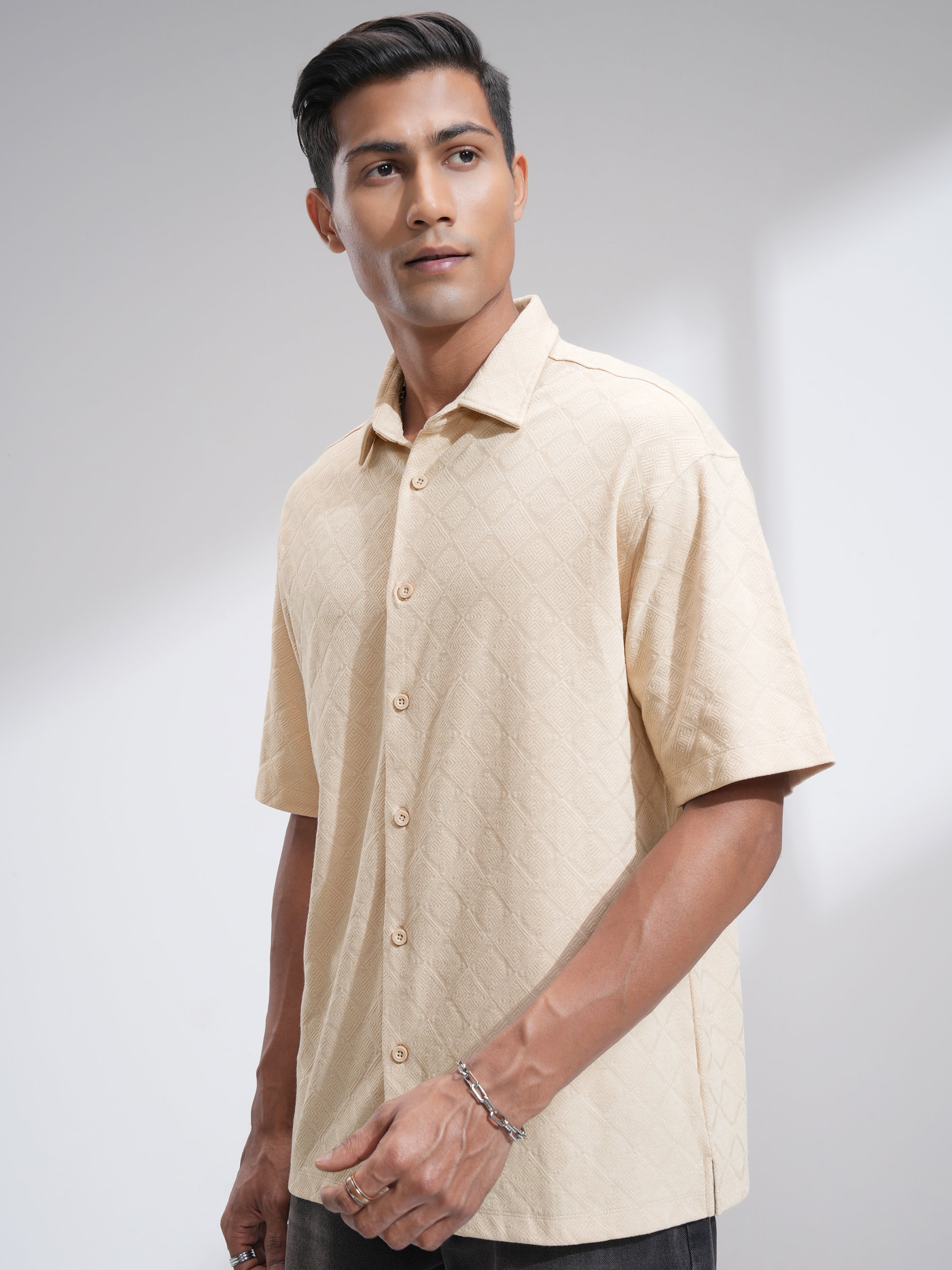 Locomotive Men Beige Textured Oversized Fit Casual Shirt - Beige - Image 4