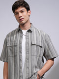 Locomotive Men Grey Striped Oversized Fit Casual Shirt - Grey - Image 1