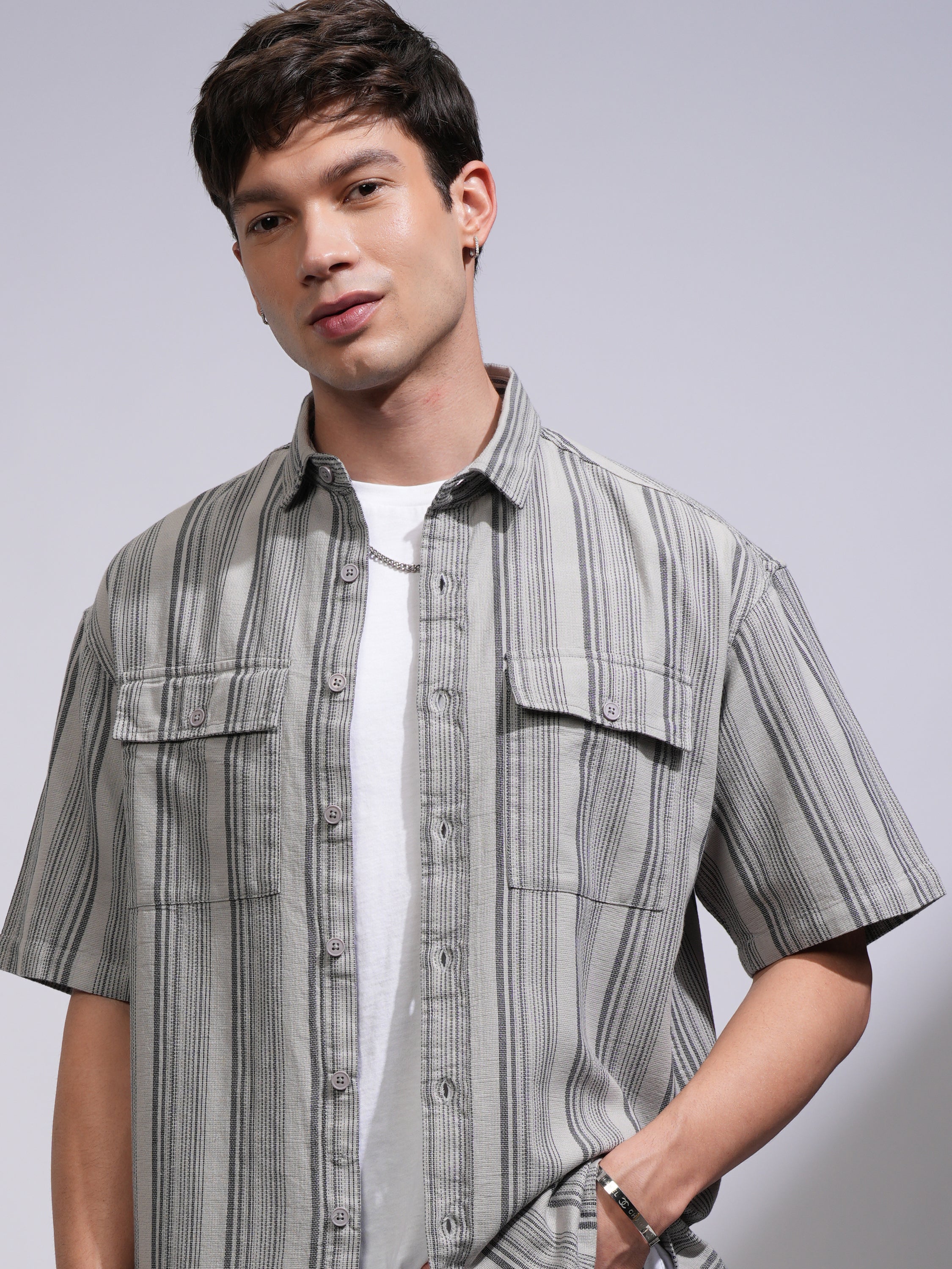 Locomotive Men Grey Striped Oversized Fit Casual Shirt - Grey - Image 1