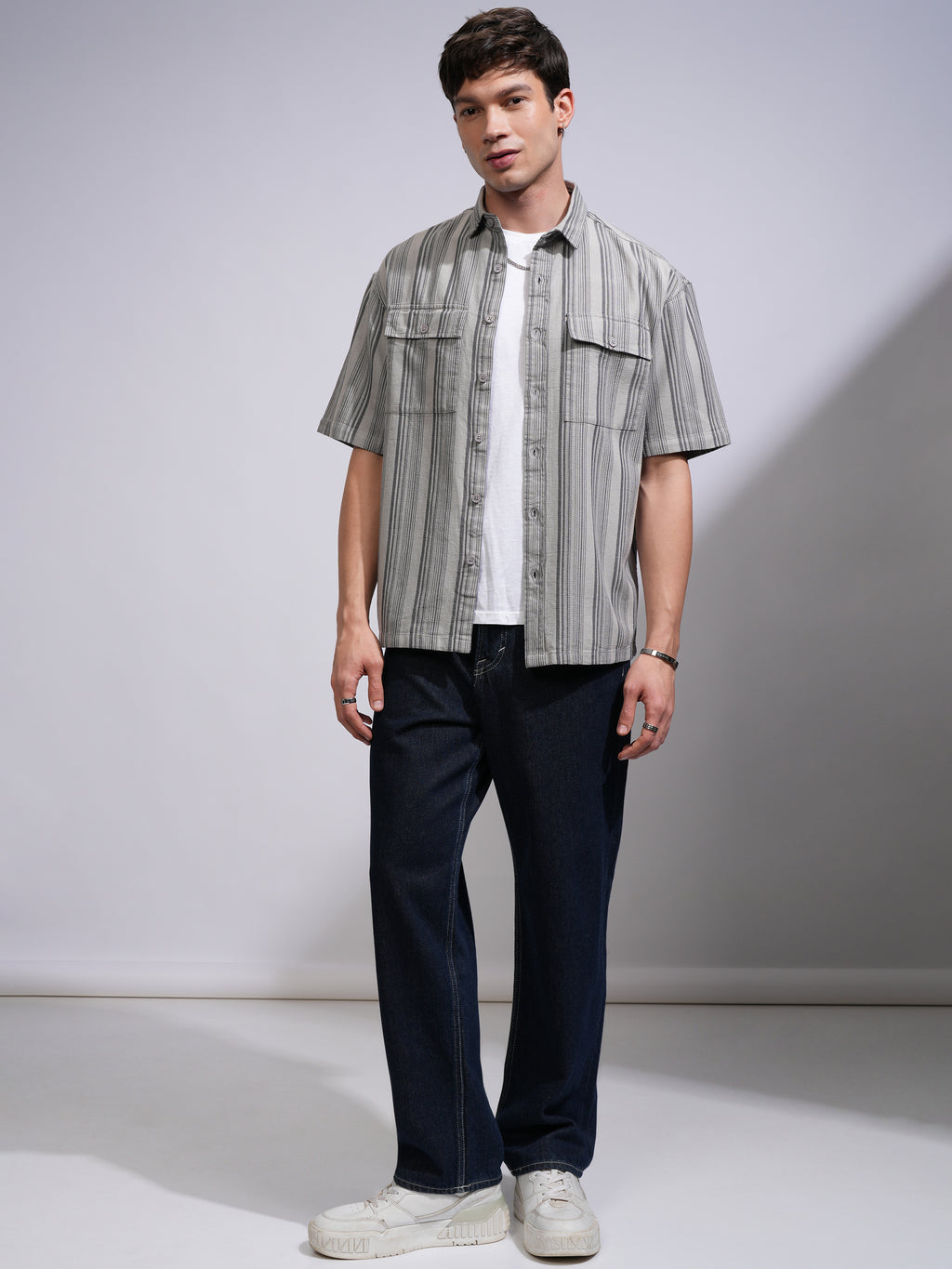 Locomotive Men Grey Striped Oversized Fit Casual Shirt - Grey - Image 2