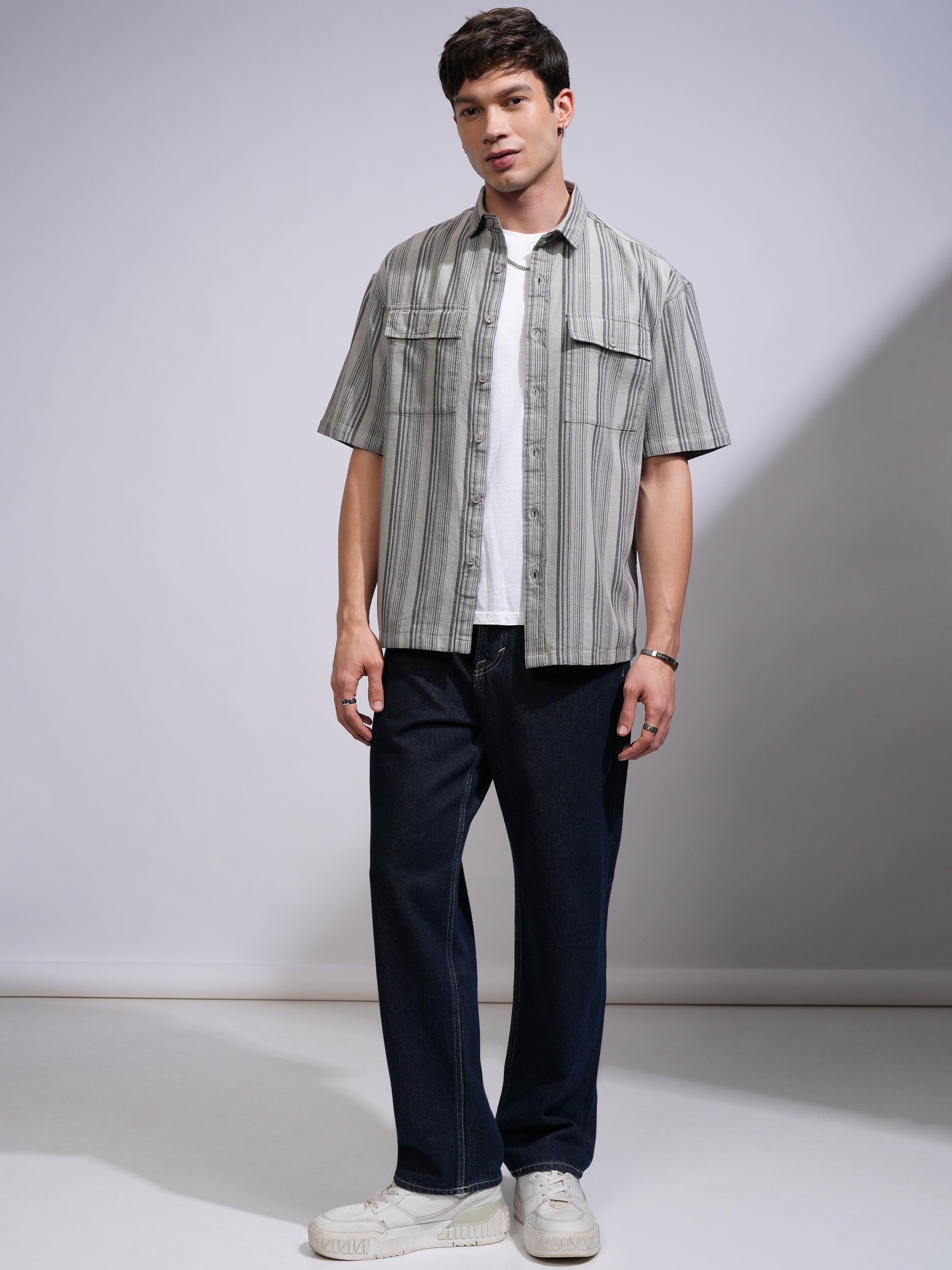 Locomotive Men Grey Striped Oversized Fit Casual Shirt - Grey - Image 2