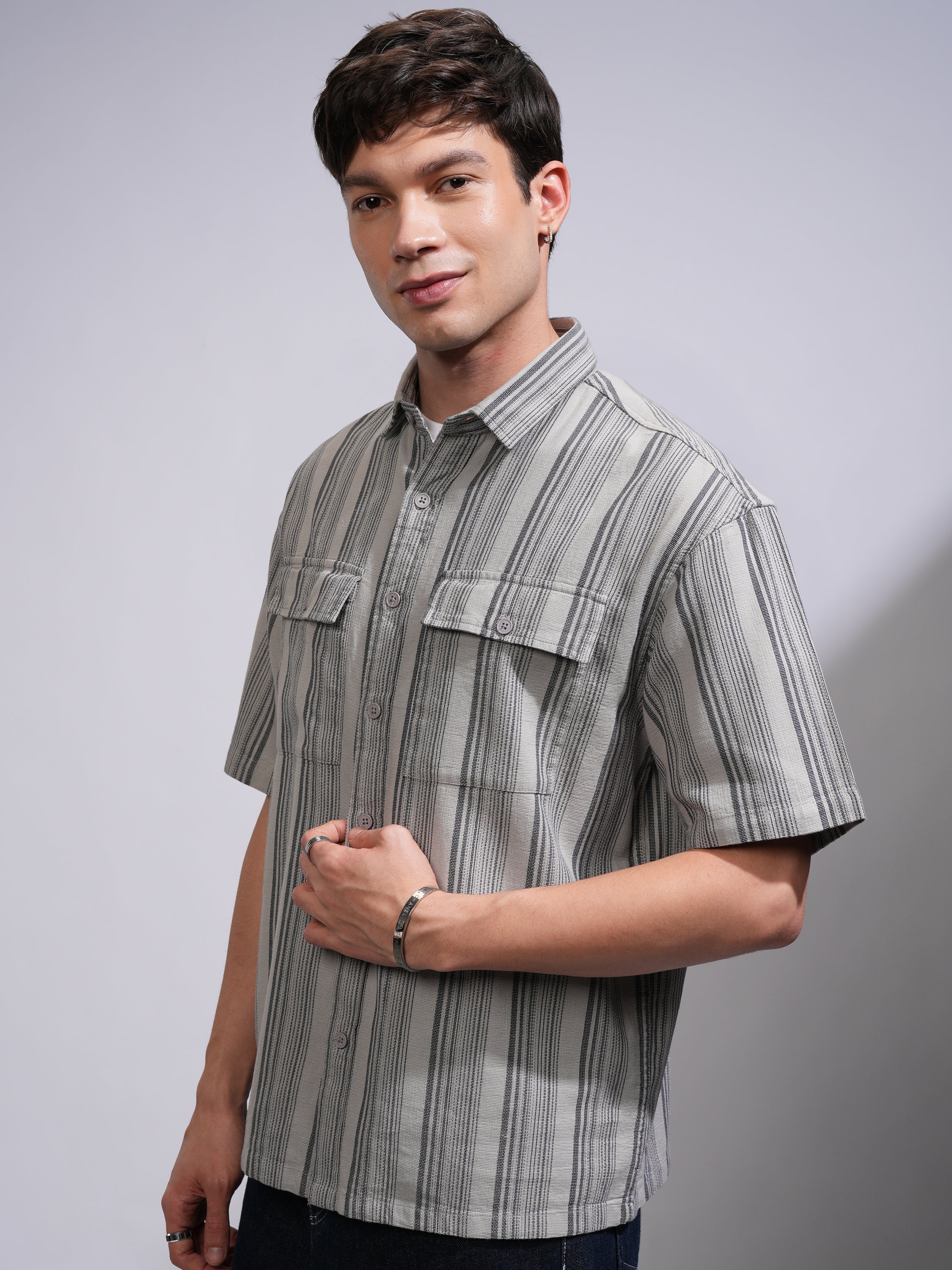 Locomotive Men Grey Striped Oversized Fit Casual Shirt - Grey - Image 4