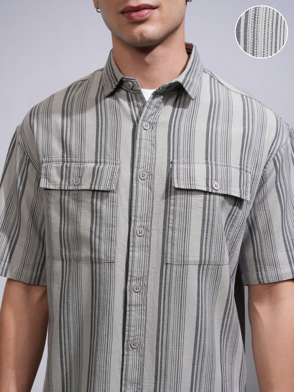 Locomotive Men Grey Striped Oversized Fit Casual Shirt - Grey - Image 5