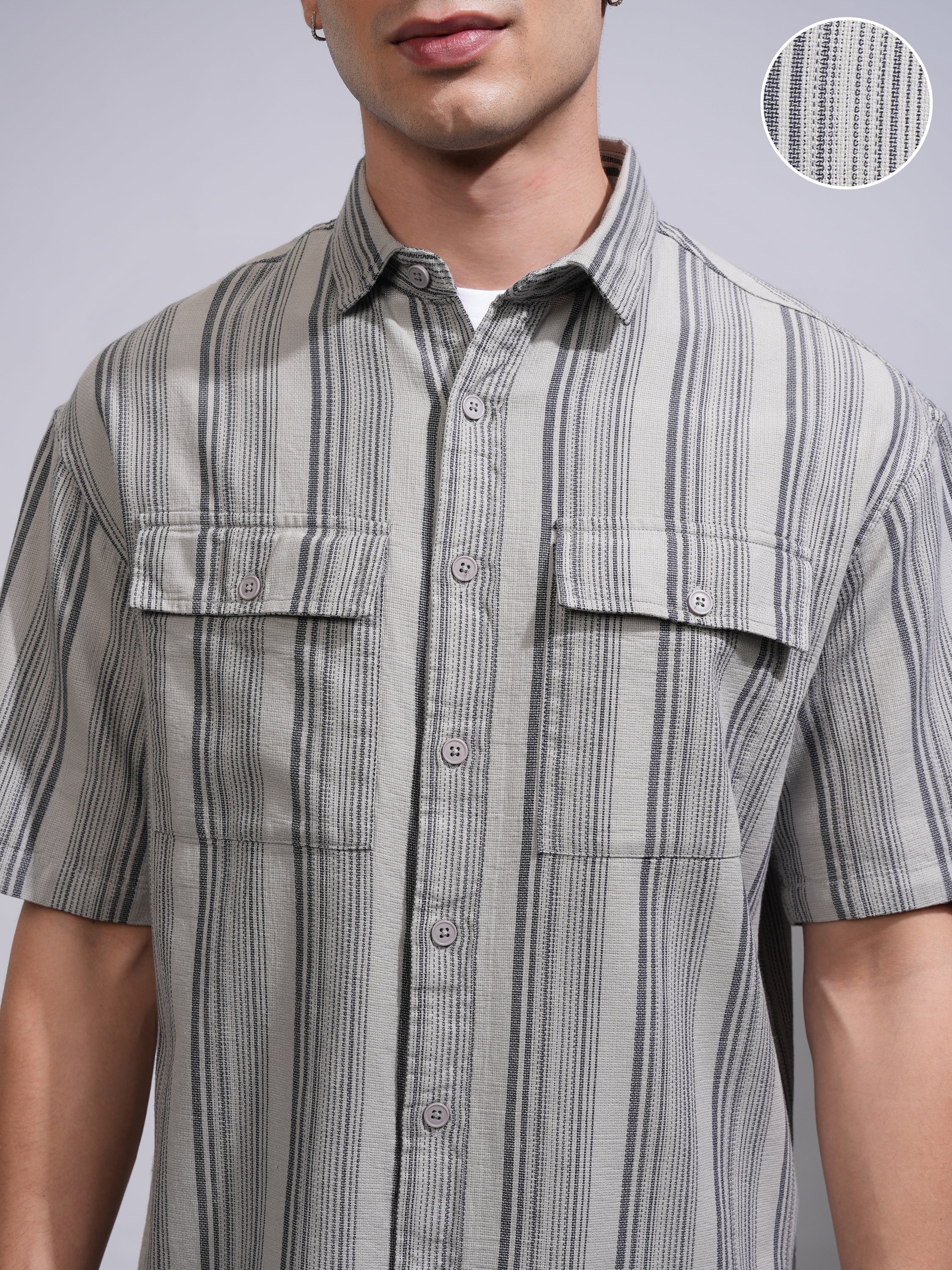 Locomotive Men Grey Striped Oversized Fit Casual Shirt - Grey - Image 5