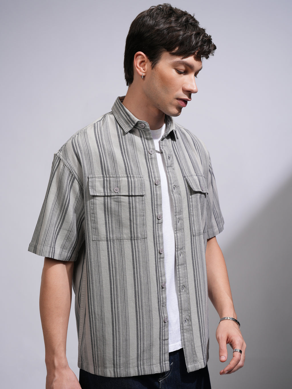 Locomotive Men Grey Striped Oversized Fit Casual Shirt - Grey - Image 6