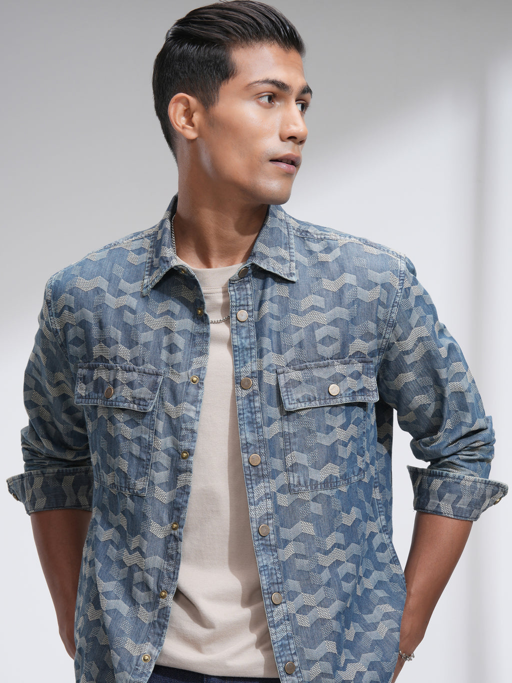 Locomotive Men Navy Blue Self Design Oversized Fit Casual Shirt - Navy Blue - Image 1