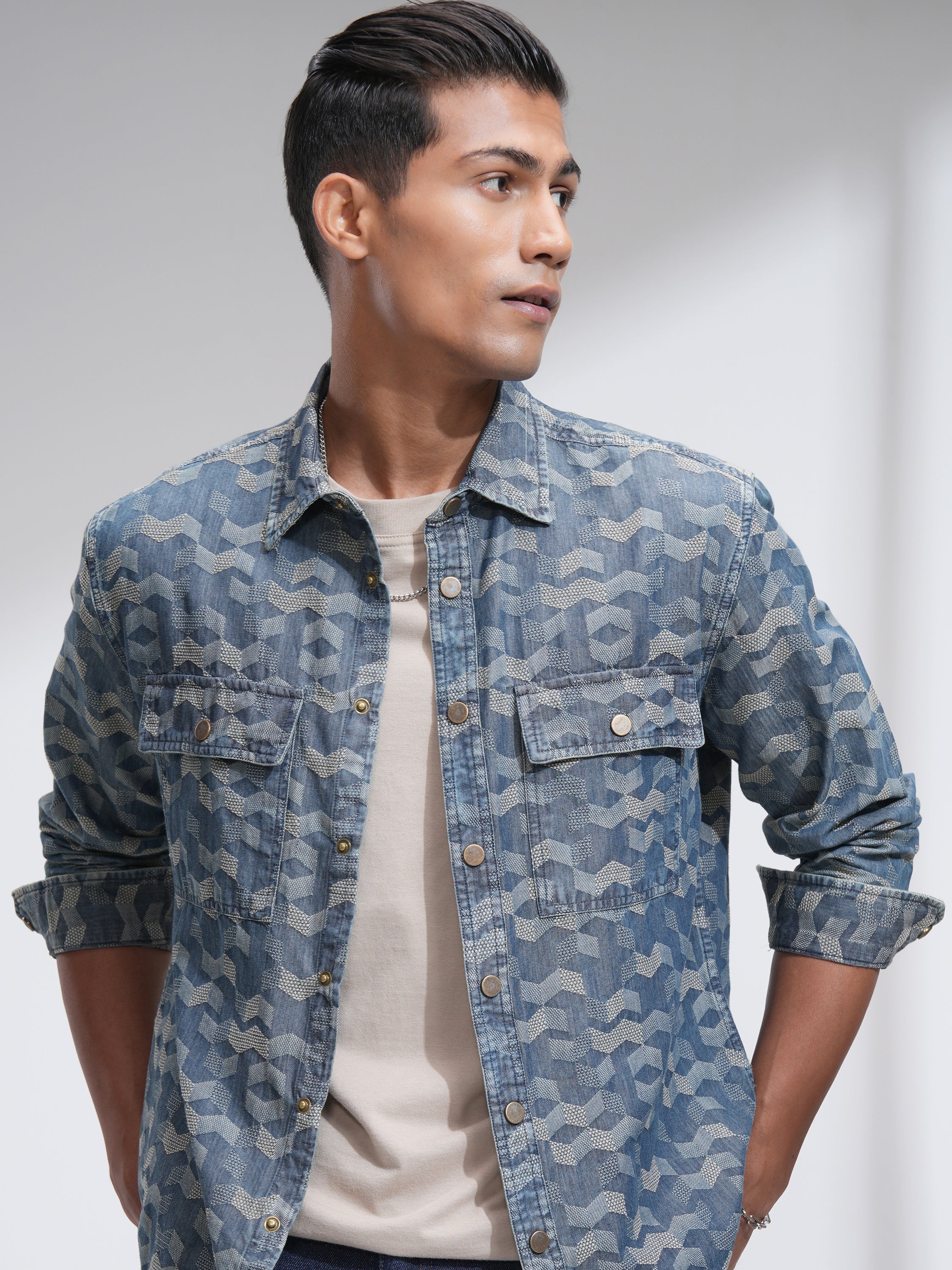 Locomotive Men Navy Blue Self Design Oversized Fit Casual Shirt - Navy Blue - Image 1