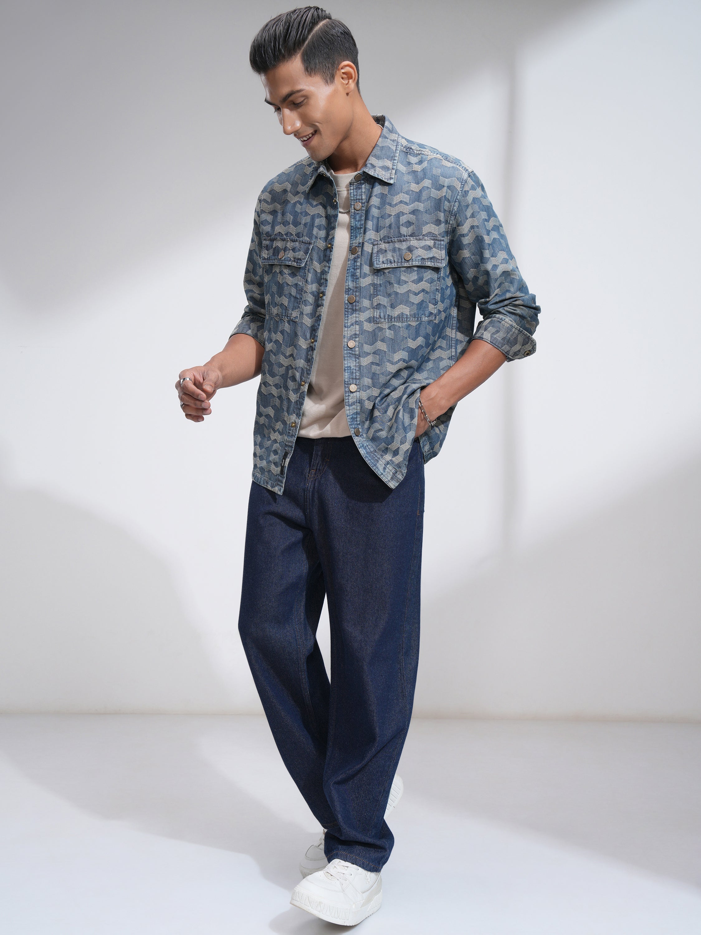 Locomotive Men Navy Blue Self Design Oversized Fit Casual Shirt - Navy Blue - Image 2