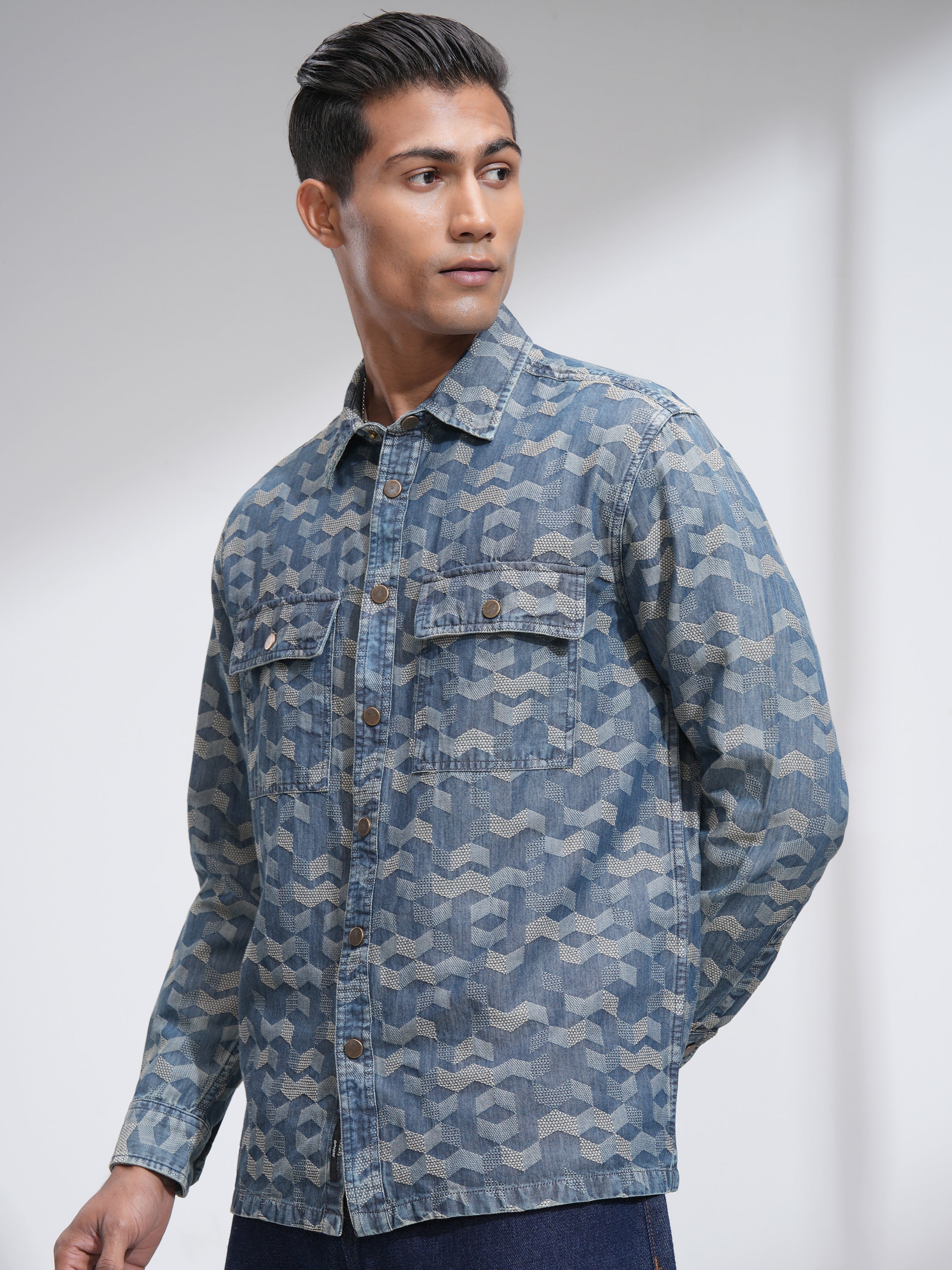 Locomotive Men Navy Blue Self Design Oversized Fit Casual Shirt - Navy Blue - Image 4